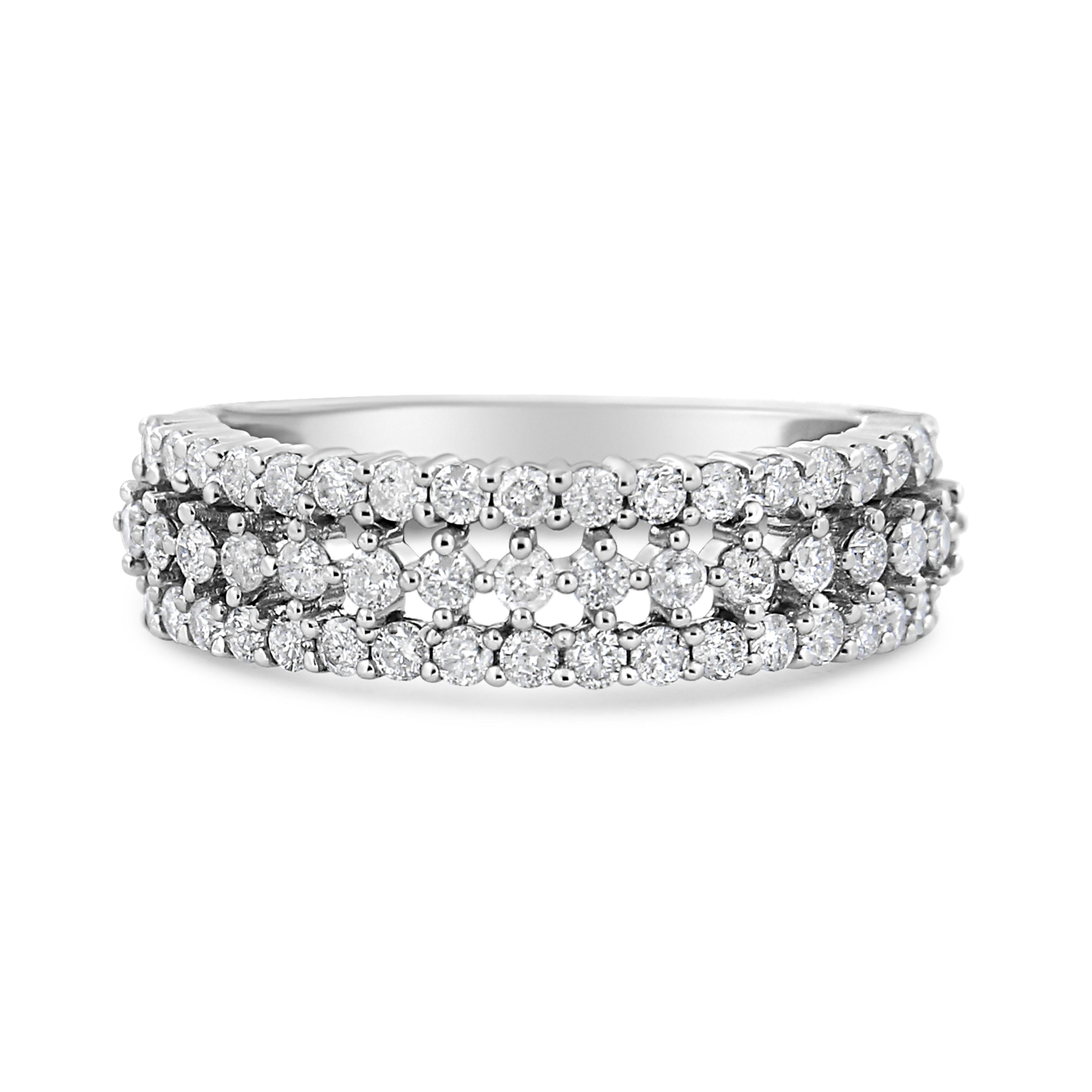 14K White Gold 1.0 Cttw Prong Set Round Diamond Split Shank Three Row Band Ring (H-I Color, I2-I3 Clarity) - Size 6  DestGlow
