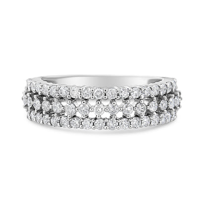 14K White Gold 1.0 Cttw Prong Set Round Diamond Split Shank Three Row Band Ring (H-I Color, I2-I3 Clarity) - Size 6  DestGlow