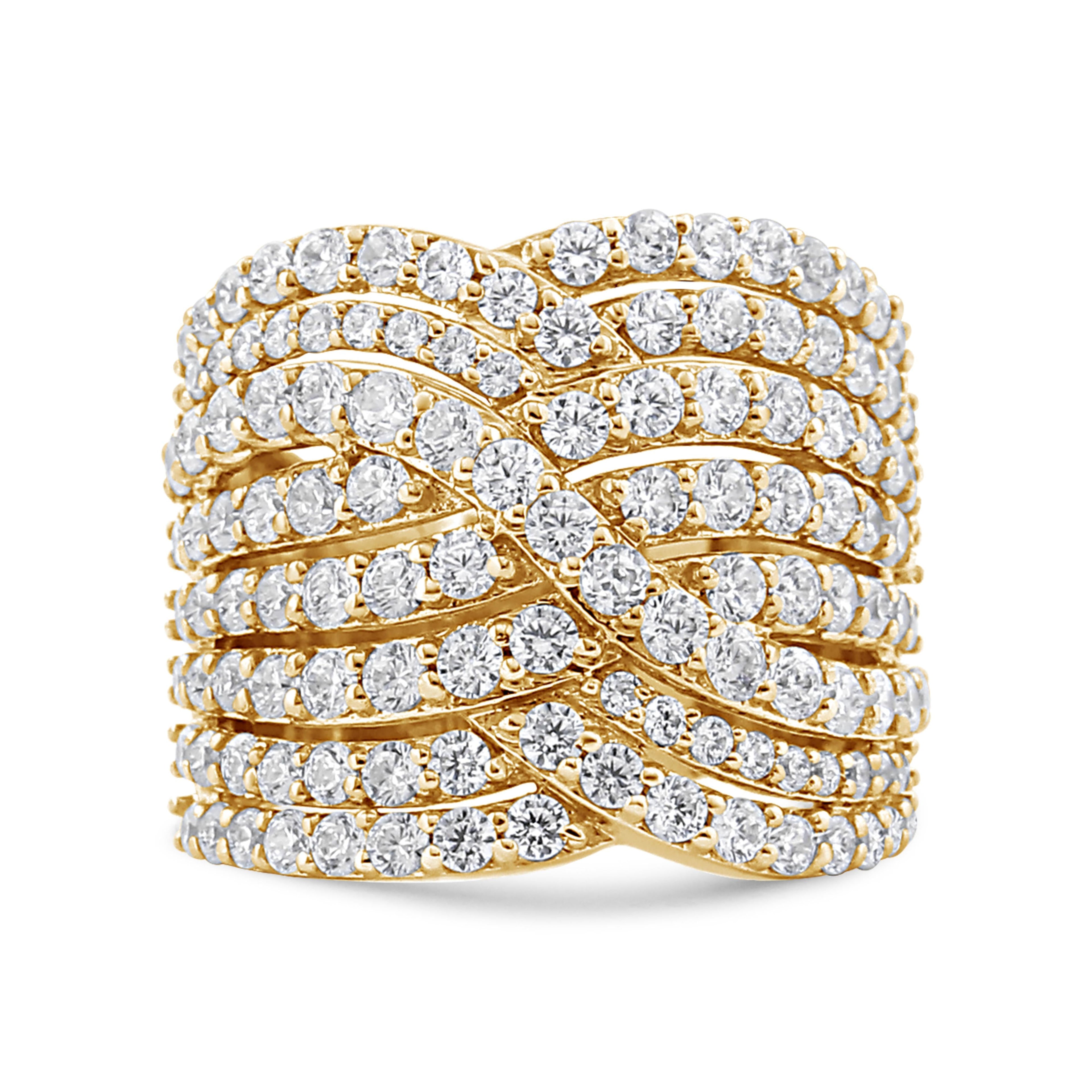 10K Yellow Gold 3.0 Cttw Diamond Eight-Row Bypass Crossover Statement Band Ring (H-I Color, I2-I3 Clarity) - Size 7 by Bids.com