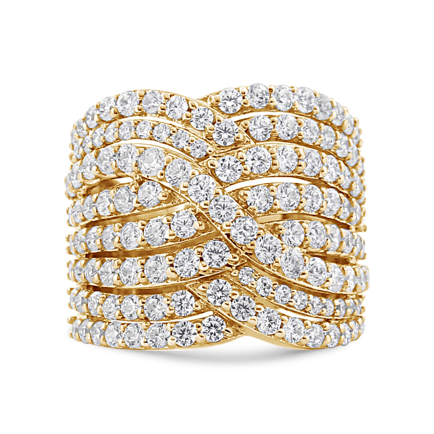 10K Yellow Gold 3.0 Cttw Diamond Eight-Row Bypass Crossover Statement Band Ring (H-I Color, I2-I3 Clarity) - Size 7 by Bids.com