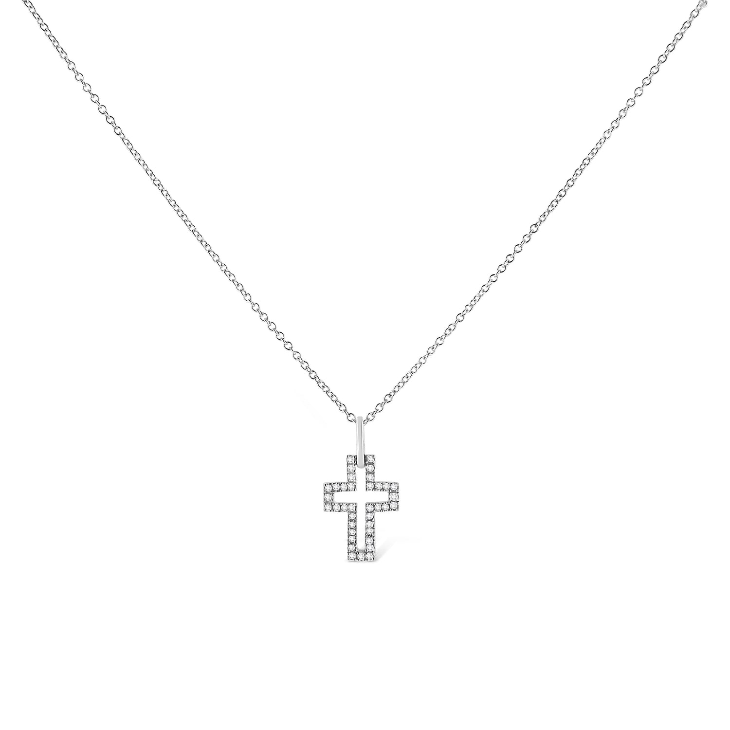 .925 Sterling Silver 1/10 cttw Pave-Set Round-Cut Diamond Open Cross 18" Pendant Necklace (I-J Color, I1-2 Clarity)  DestGlow