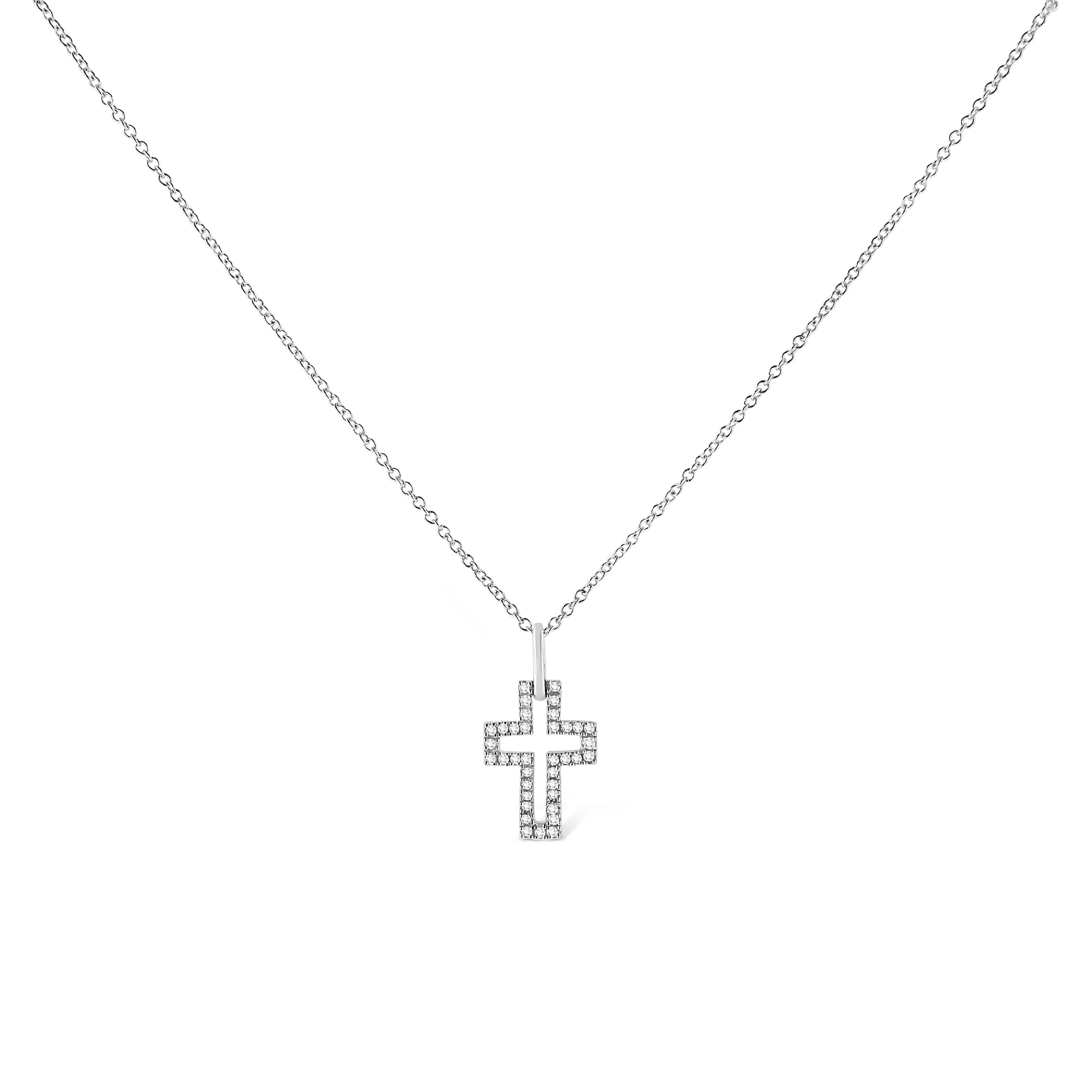 .925 Sterling Silver 1/10 cttw Pave-Set Round-Cut Diamond Open Cross 18" Pendant Necklace (I-J Color, I1-2 Clarity)  DestGlow