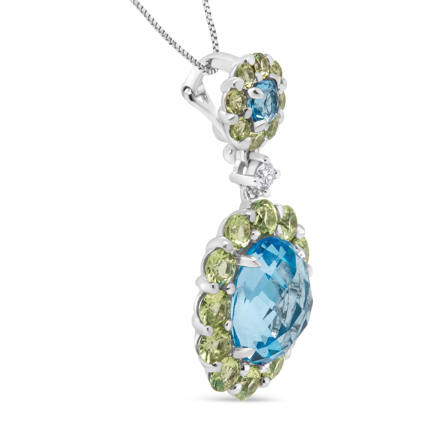 18k White Gold 0.05 Cttw Round Diamond and Blue Topaz and Green Peridot Gemstone Halo Drop 18" Pendant Necklace (F-G Color, VS1-VS2 Clarity) by Bids.com