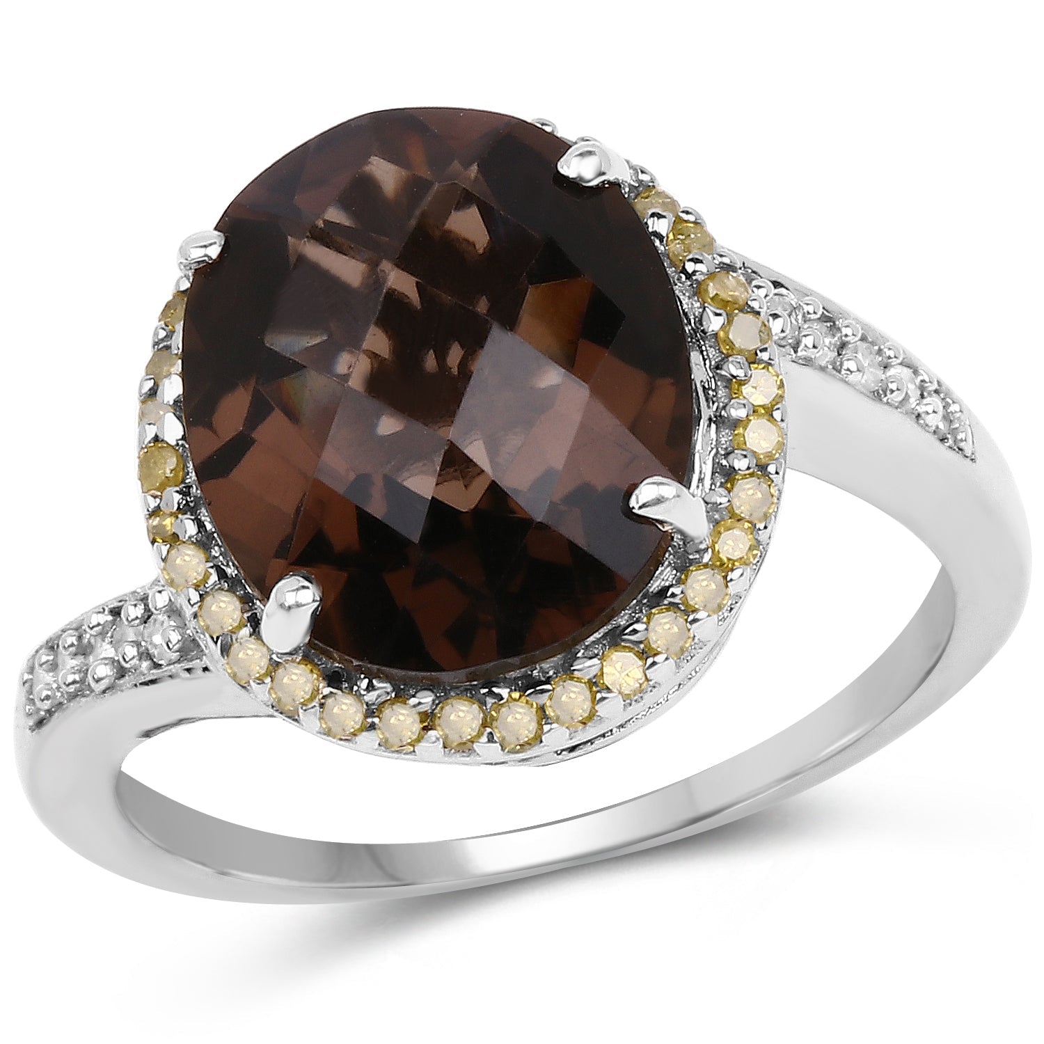4.85 Carat Genuine Smoky Quartz, Yellow Diamond &amp; White Diamond .925 Sterling Silver Ring by Bids.com
