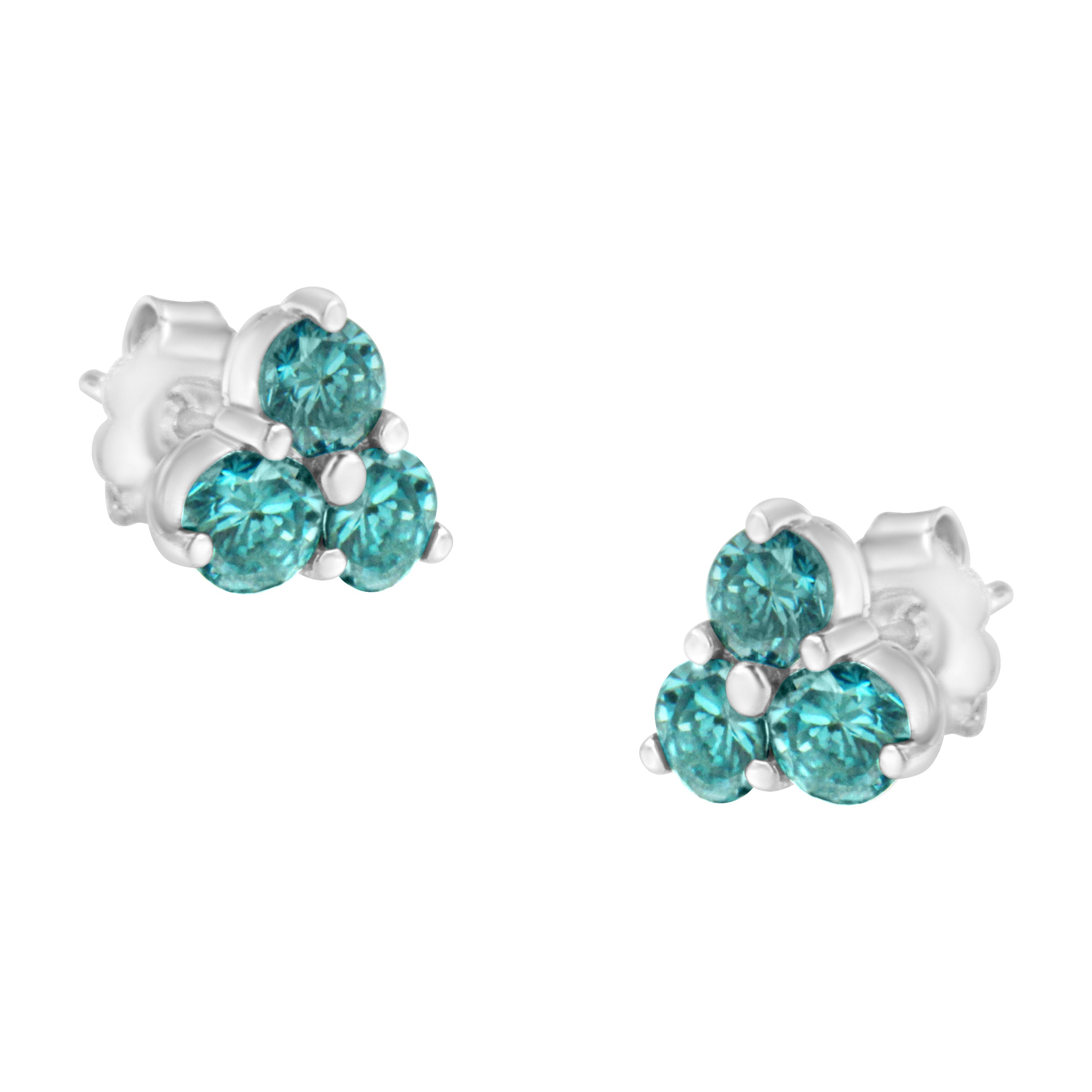 14KT White Gold Treated Blue Diamond Trio Stud Earrings (1 1/3 cttw, Blue) by Bids.com