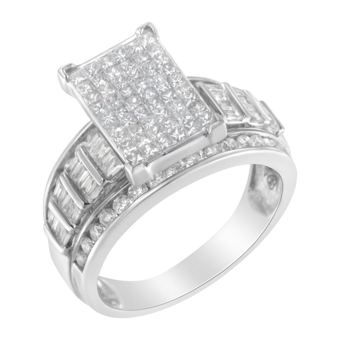 14K White Gold 2.0 Cttw Mixed-Cut Diamond Rectangle Invisible-Set Composite Cluster Ring with Bar- and Channel-Set Band (H-I Color, SI2-I1 Clarity) - Size 5 by Bids.com