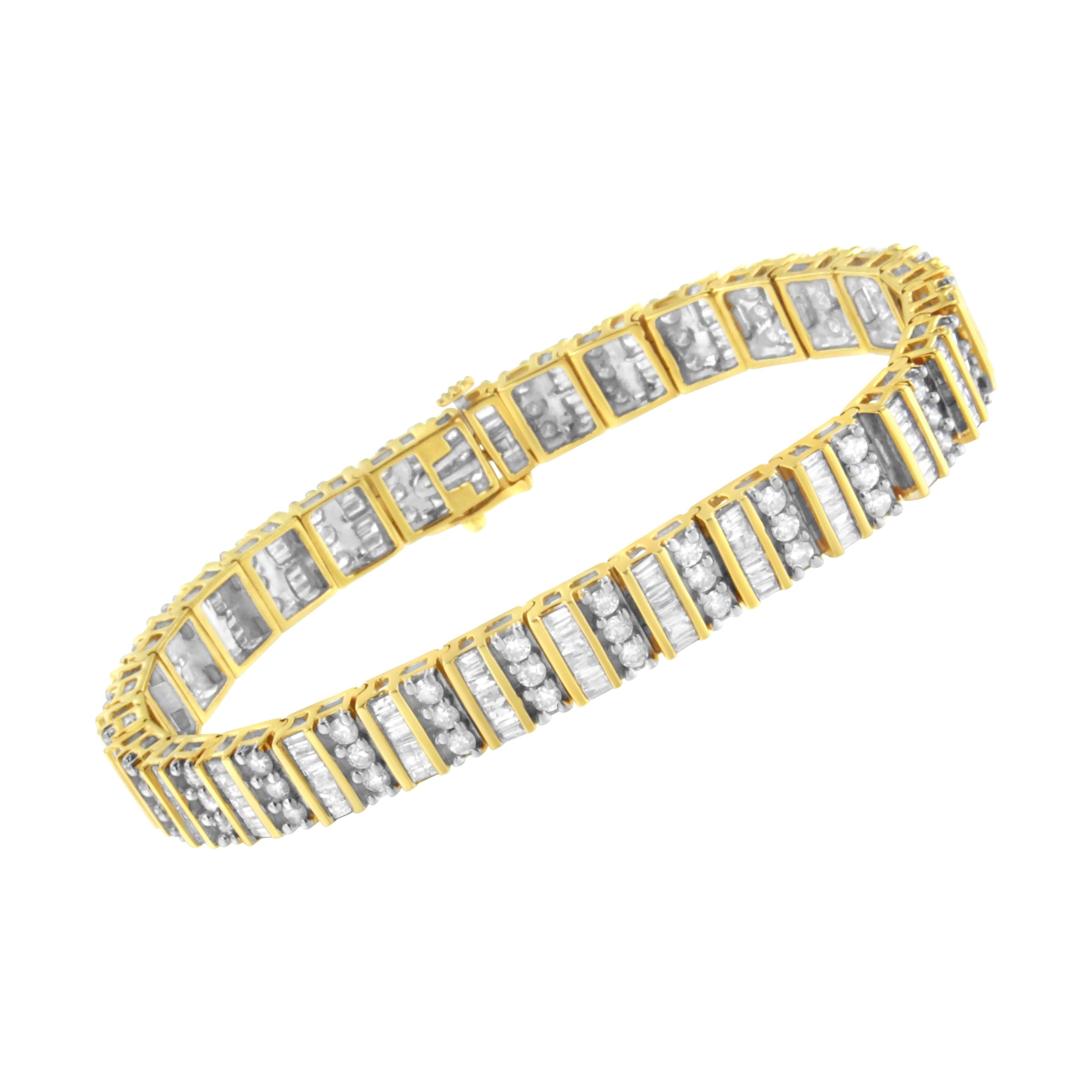 14K Yellow Gold 5.50 Cttw Round and Baguette Diamond Link Bracelet by Bids.com