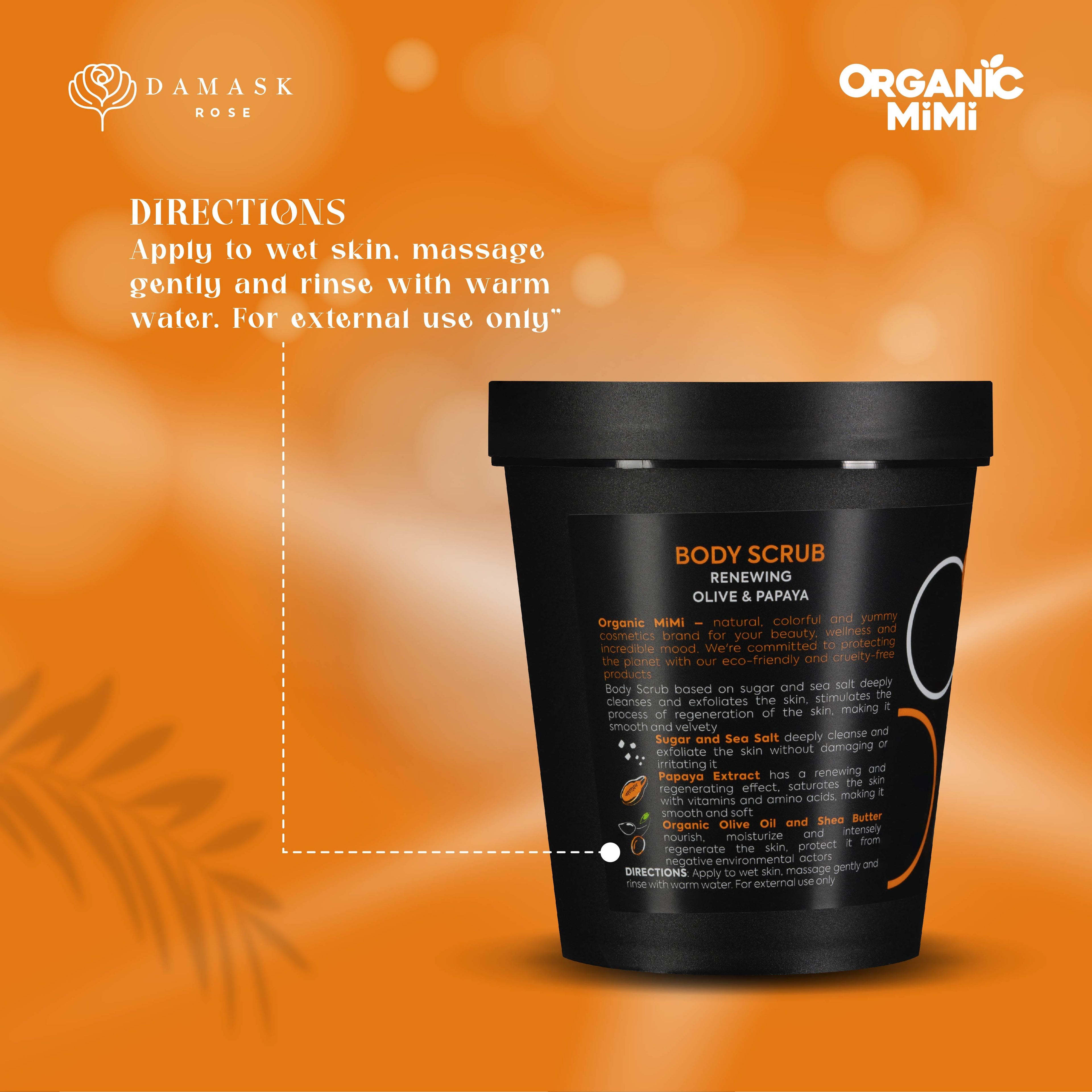 Organic Mimi, Body Scrub Renewing Olive &amp; Papaya, 250 g by Damask Rose