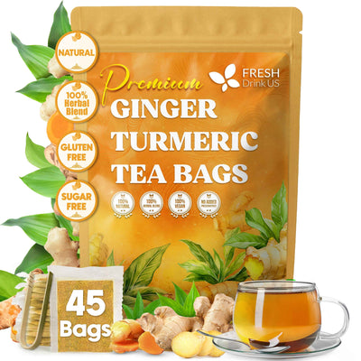 Premium Ginger Turmeric Tea Bags, Hand-made Blend of Ginger and Turmeric Herbal Tea, Eco-conscious Tea Bags. No Sugar, No Caffeine, No Gluten, Vegan.