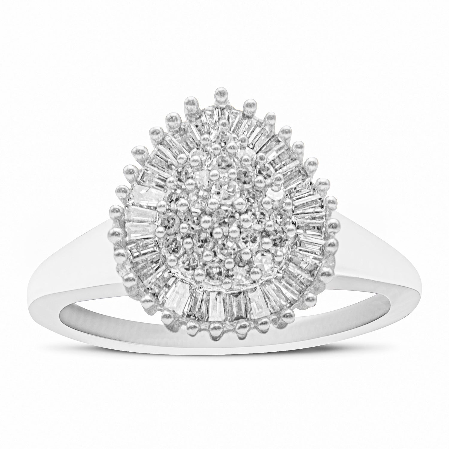 10K White Gold 1/2 Cttw Round &amp; Baguette Cut Diamond Pear Shaped Domed PavÃ© Cluster with Halo Cocktail Ring (H-I Color, SI1-SI2 Clarity) - Size 5 by Bids.com