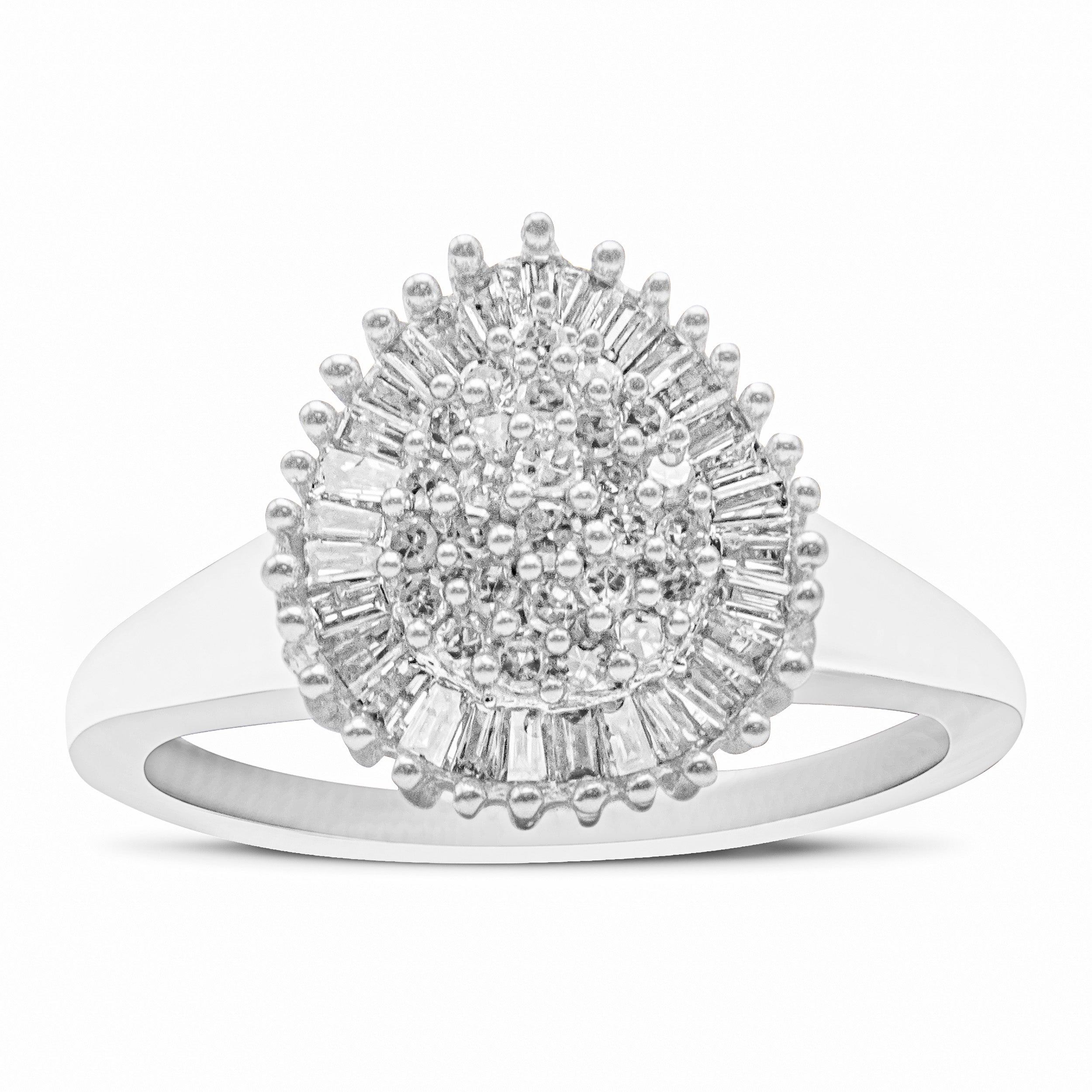 10K White Gold 1/2 Cttw Round &amp; Baguette Cut Diamond Pear Shaped Domed PavÃ© Cluster with Halo Cocktail Ring (H-I Color, SI1-SI2 Clarity) - Size 5 by Bids.com