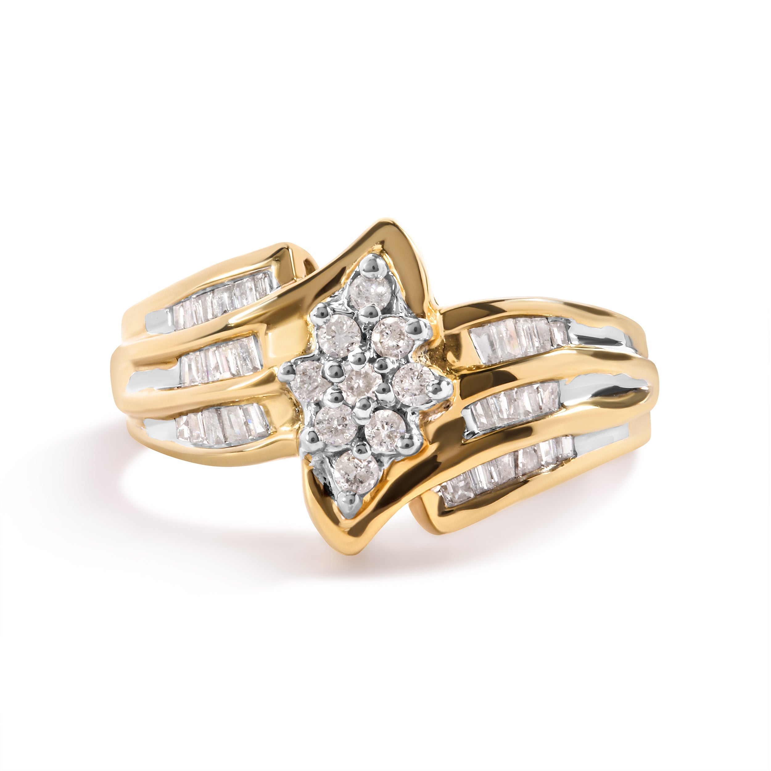 10K Yellow Gold 1/2 Cttw Round And Baguette-cut Diamond Cluster Head and Channel Set Shank Ring (H-I Color, I1-I2 Clarity) - Ring Size 7 by Bids.com