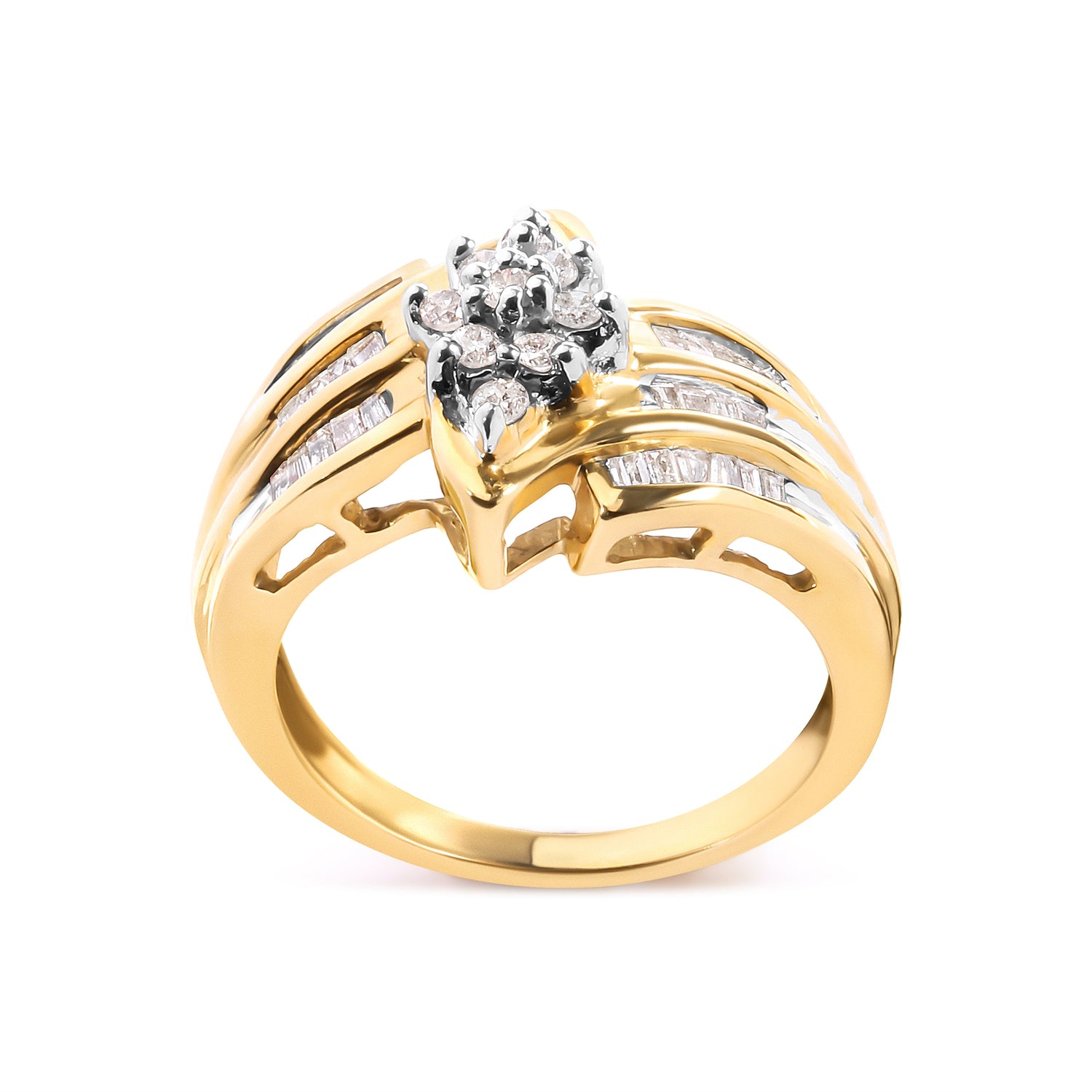 10K Yellow Gold 1/2 Cttw Round And Baguette-cut Diamond Cluster Head and Channel Set Shank Ring (H-I Color, I1-I2 Clarity) - Ring Size 7 by Bids.com