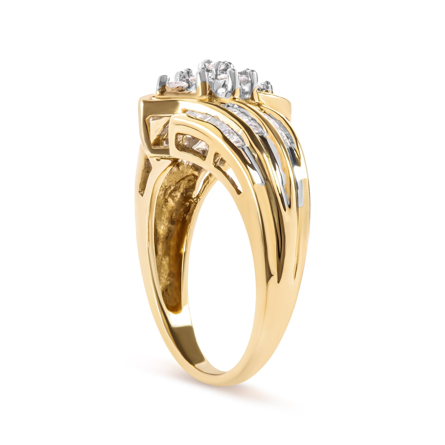 10K Yellow Gold 1/2 Cttw Round And Baguette-cut Diamond Cluster Head and Channel Set Shank Ring (H-I Color, I1-I2 Clarity) - Ring Size 7 by Bids.com