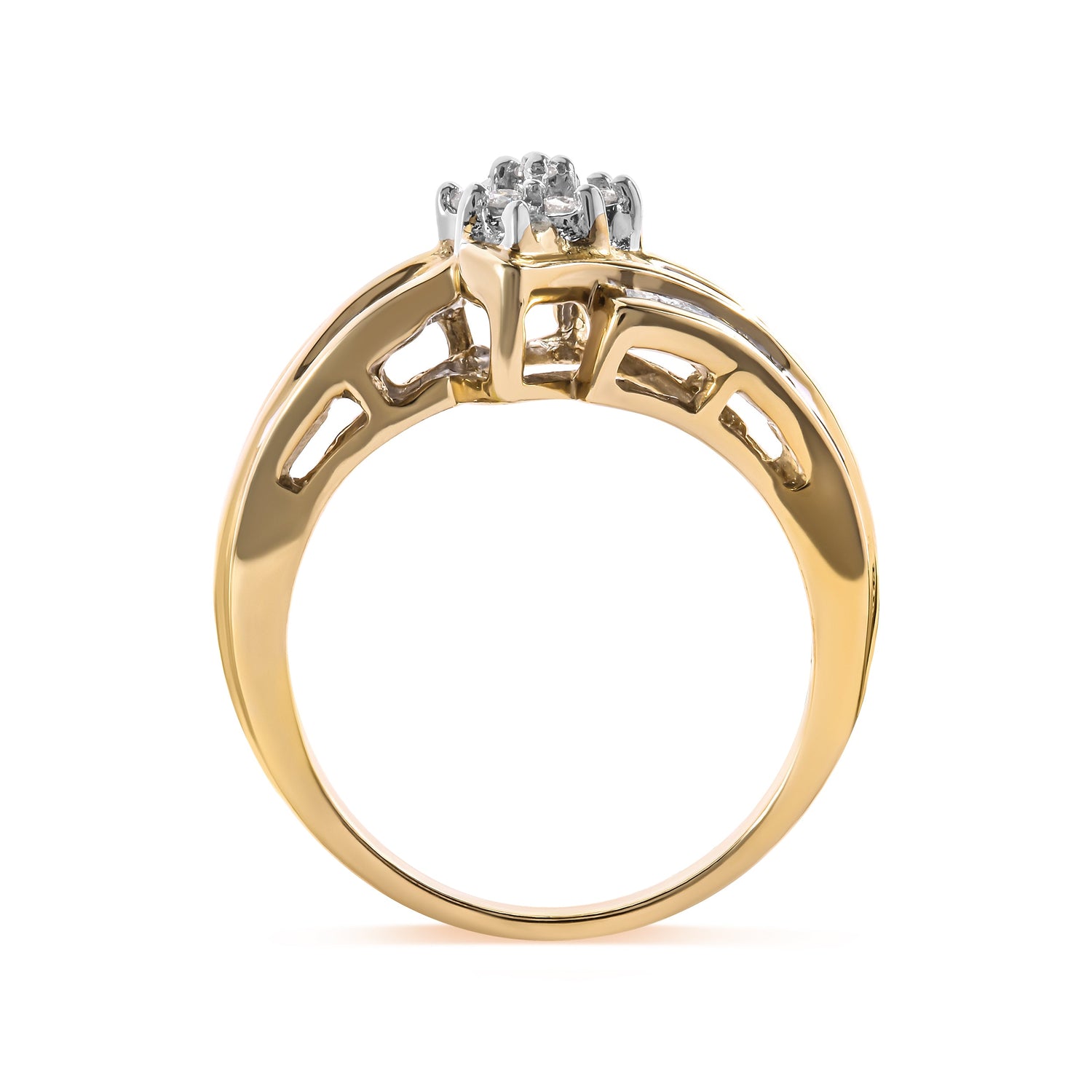 10K Yellow Gold 1/2 Cttw Round And Baguette-cut Diamond Cluster Head and Channel Set Shank Ring (H-I Color, I1-I2 Clarity) - Ring Size 7 by Bids.com