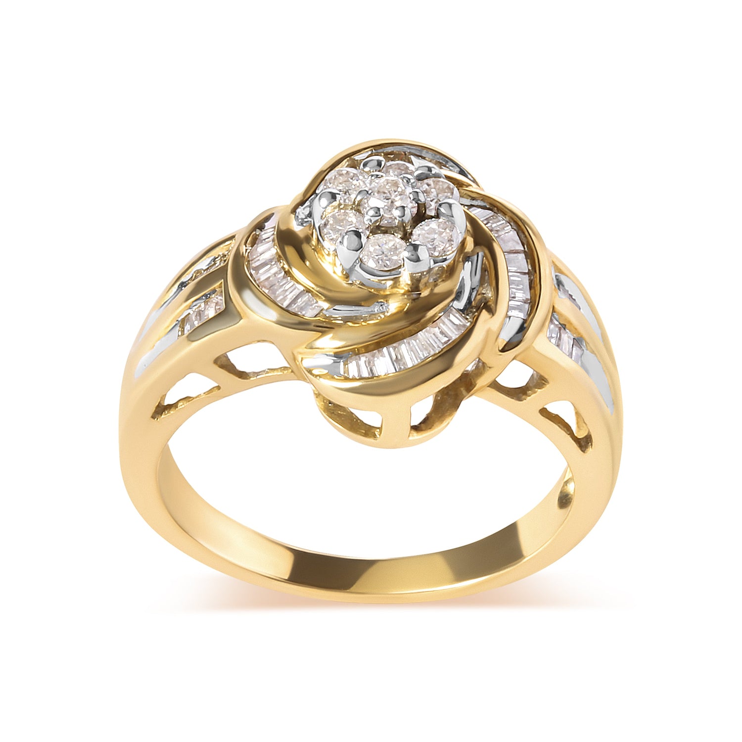 10K Yellow Gold 1/2 Cttw Round and Baguette Diamond Flower Swirl Cocktail Ring (I-J Color, SI2-I1 Clarity) - Ring Size 7 by Bids.com