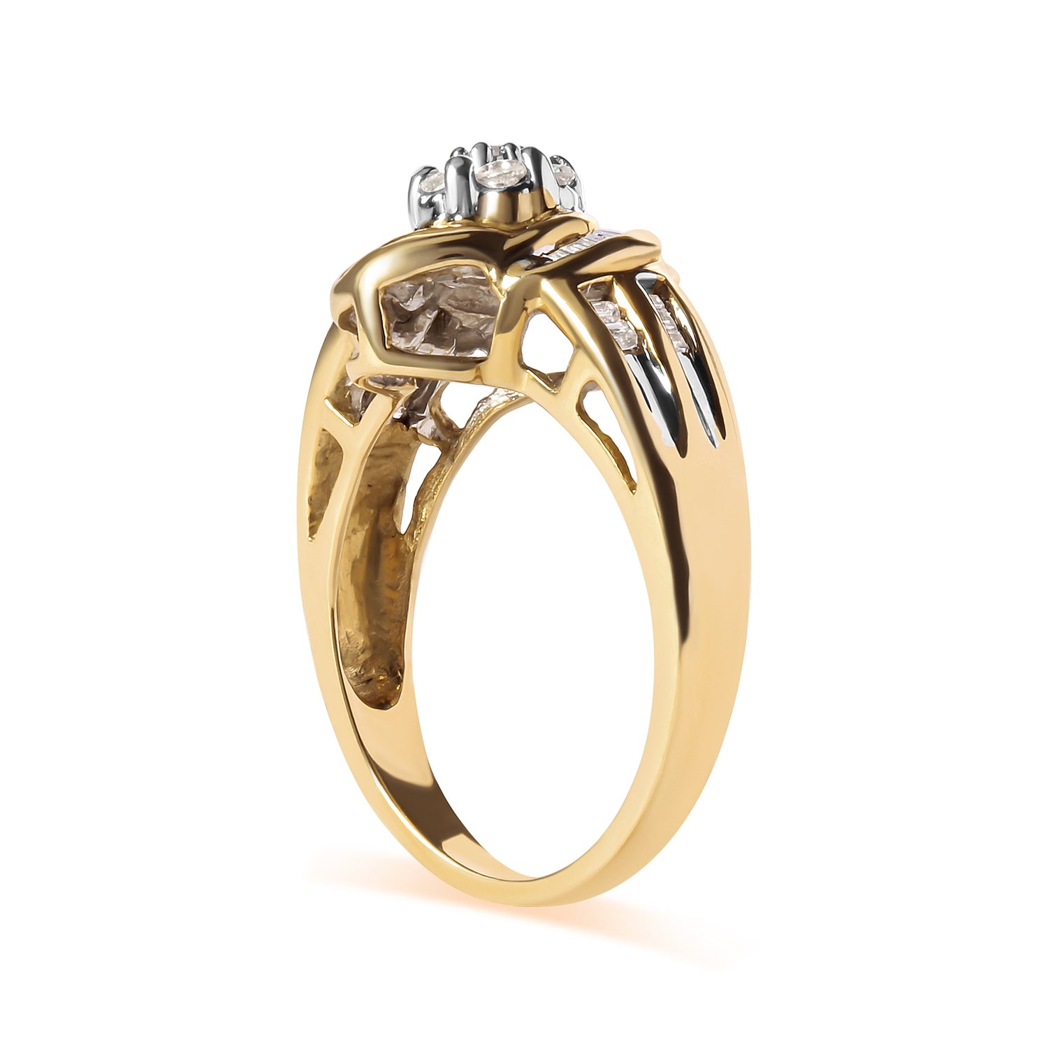 10K Yellow Gold 1/2 Cttw Round and Baguette Diamond Flower Swirl Cocktail Ring (I-J Color, SI2-I1 Clarity) - Ring Size 7 by Bids.com
