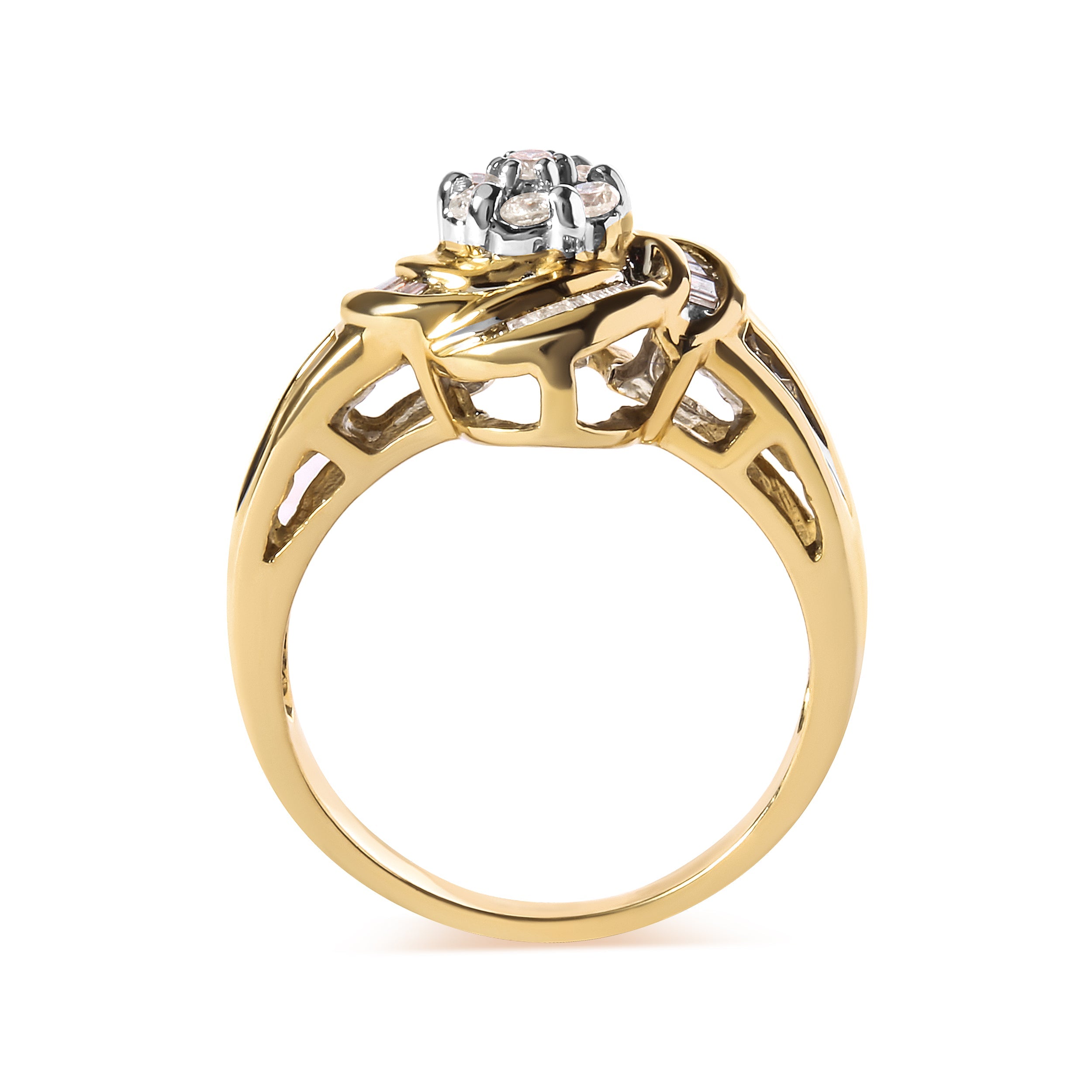 10K Yellow Gold 1/2 Cttw Round and Baguette Diamond Flower Swirl Cocktail Ring (I-J Color, SI2-I1 Clarity) - Ring Size 7 by Bids.com