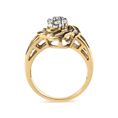 10K Yellow Gold 1/2 Cttw Round and Baguette Diamond Flower Swirl Cocktail Ring (I-J Color, SI2-I1 Clarity) - Ring Size 7 by Bids.com