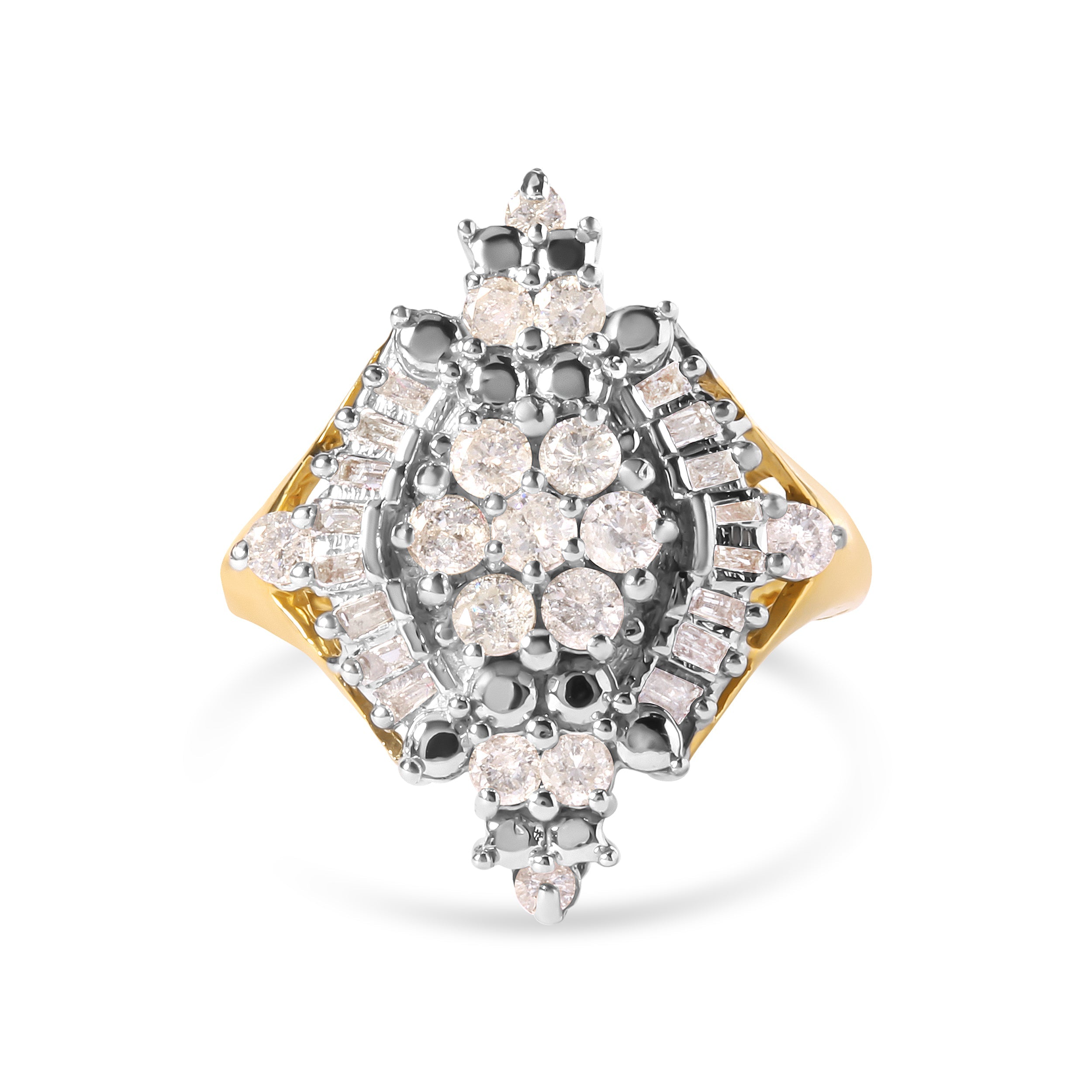10K Yellow Gold 1 Cttw Round and Baguette cut Diamond Cluster and Rhombus Halo Ring (H-I Color, I1-I2 Clarity) - Ring Size 7 by Bids.com