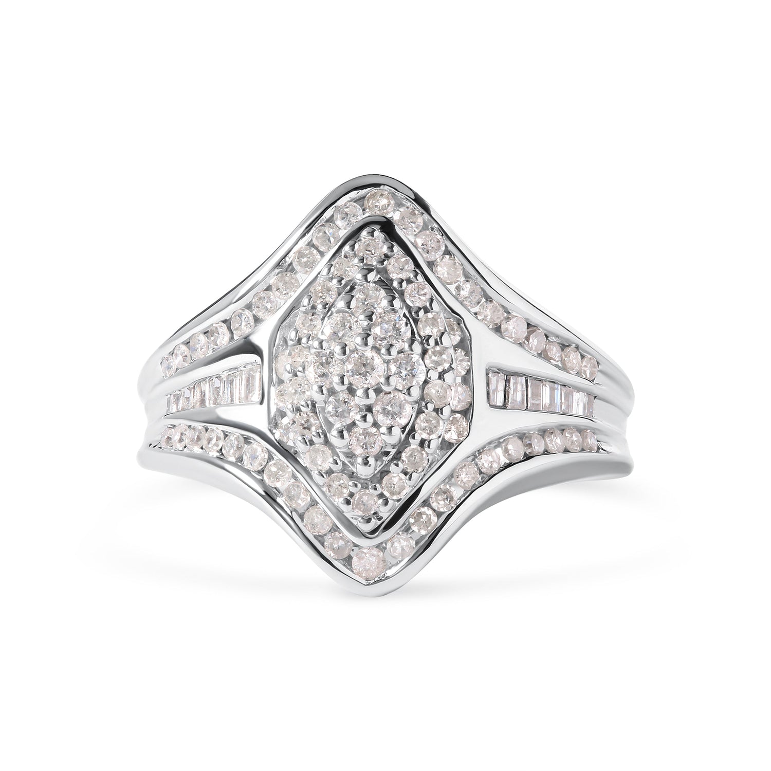 14K White Gold 3/4 Cttw Round and Baguette cut Diamond Cluster Ring (H-I Color, I1-I2 Clarity)  DestGlow