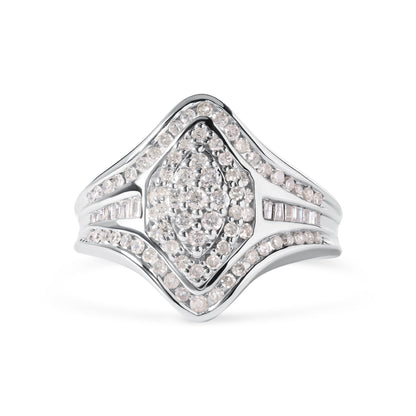 14K White Gold 3/4 Cttw Round and Baguette cut Diamond Cluster Ring (H-I Color, I1-I2 Clarity)  DestGlow