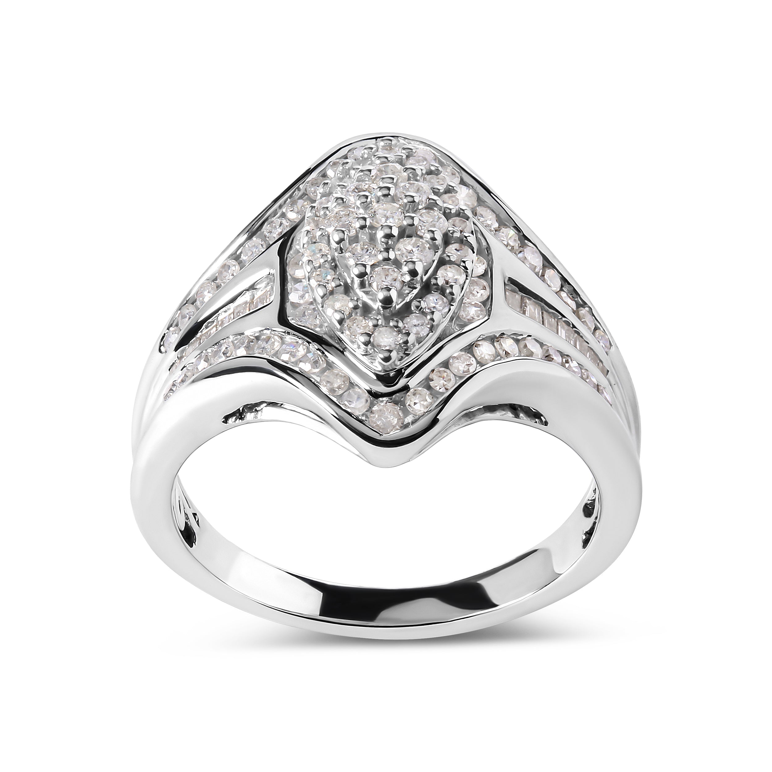 14K White Gold 3/4 Cttw Round and Baguette cut Diamond Cluster Ring (H-I Color, I1-I2 Clarity)  DestGlow