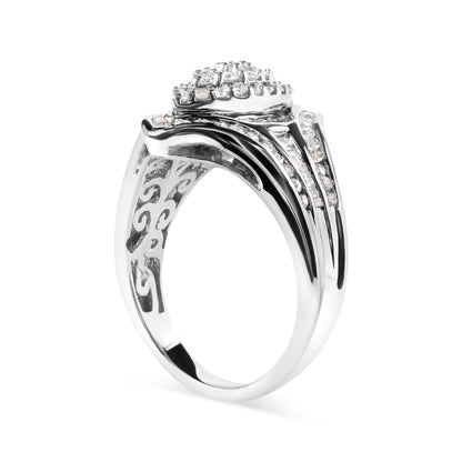 14K White Gold 3/4 Cttw Round and Baguette cut Diamond Cluster Ring (H-I Color, I1-I2 Clarity)  DestGlow