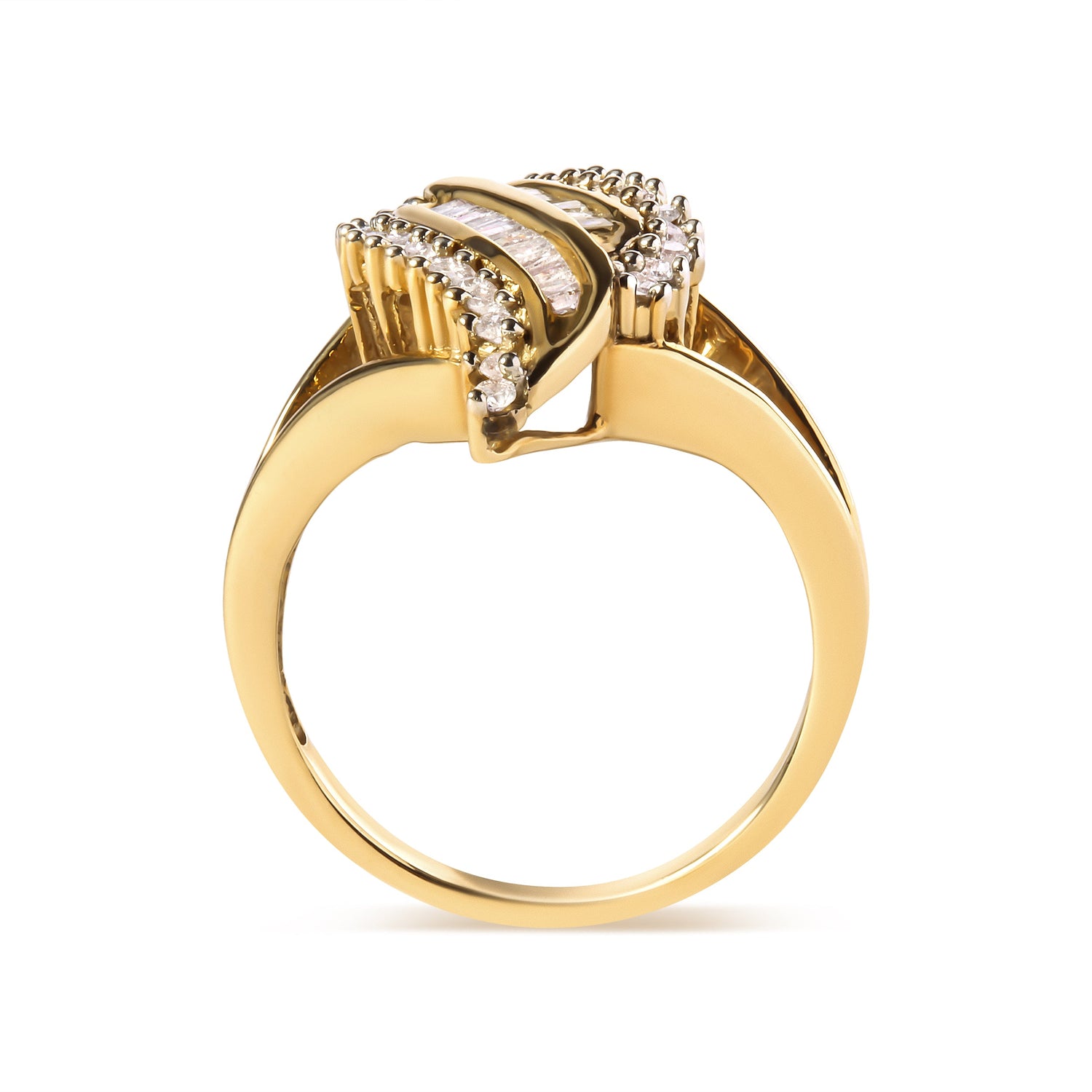 10K Yellow Gold 1/2 Cttw Round and Baguette Cut Diamond Cocktail Ring (H-I Color, I1-I2 Clarity) by Bids.com