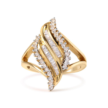 10K Yellow Gold 1/2 Cttw Round and Baguette Cut Diamond Cocktail Ring (H-I Color, I1-I2 Clarity) by Bids.com