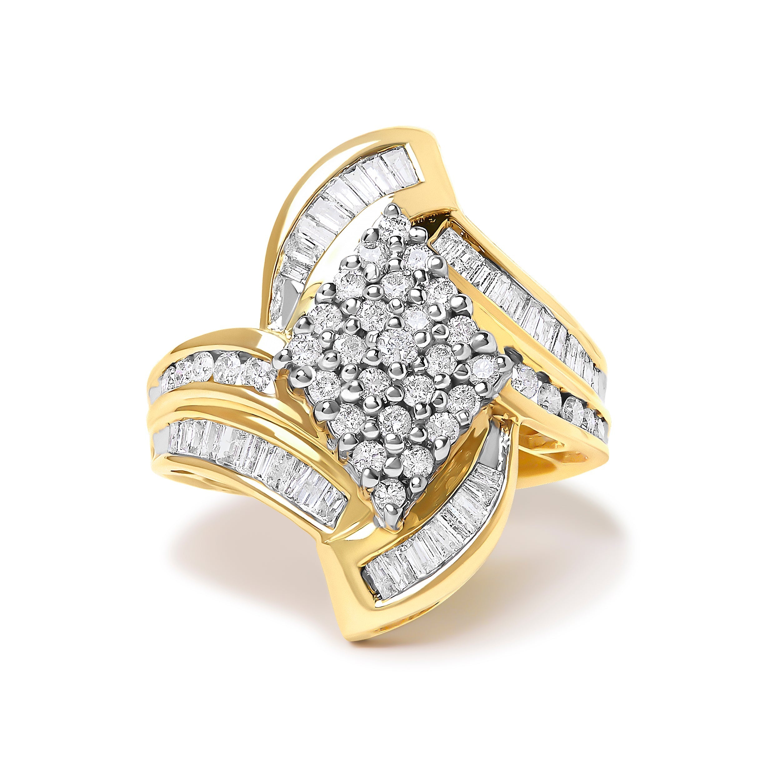 14K Yellow Gold 1-1/3 Cttw Round and Baguette Diamond Bypass Cocktail Ring  DestGlow