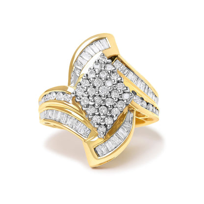 14K Yellow Gold 1-1/3 Cttw Round and Baguette Diamond Bypass Cocktail Ring  DestGlow
