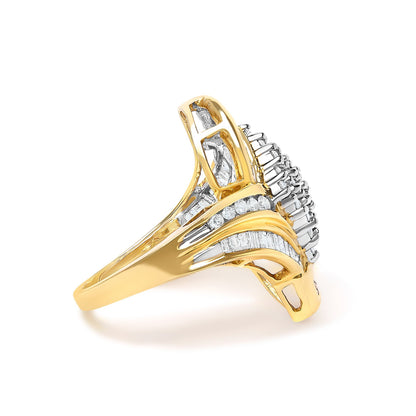 14K Yellow Gold 1-1/3 Cttw Round and Baguette Diamond Bypass Cocktail Ring  DestGlow