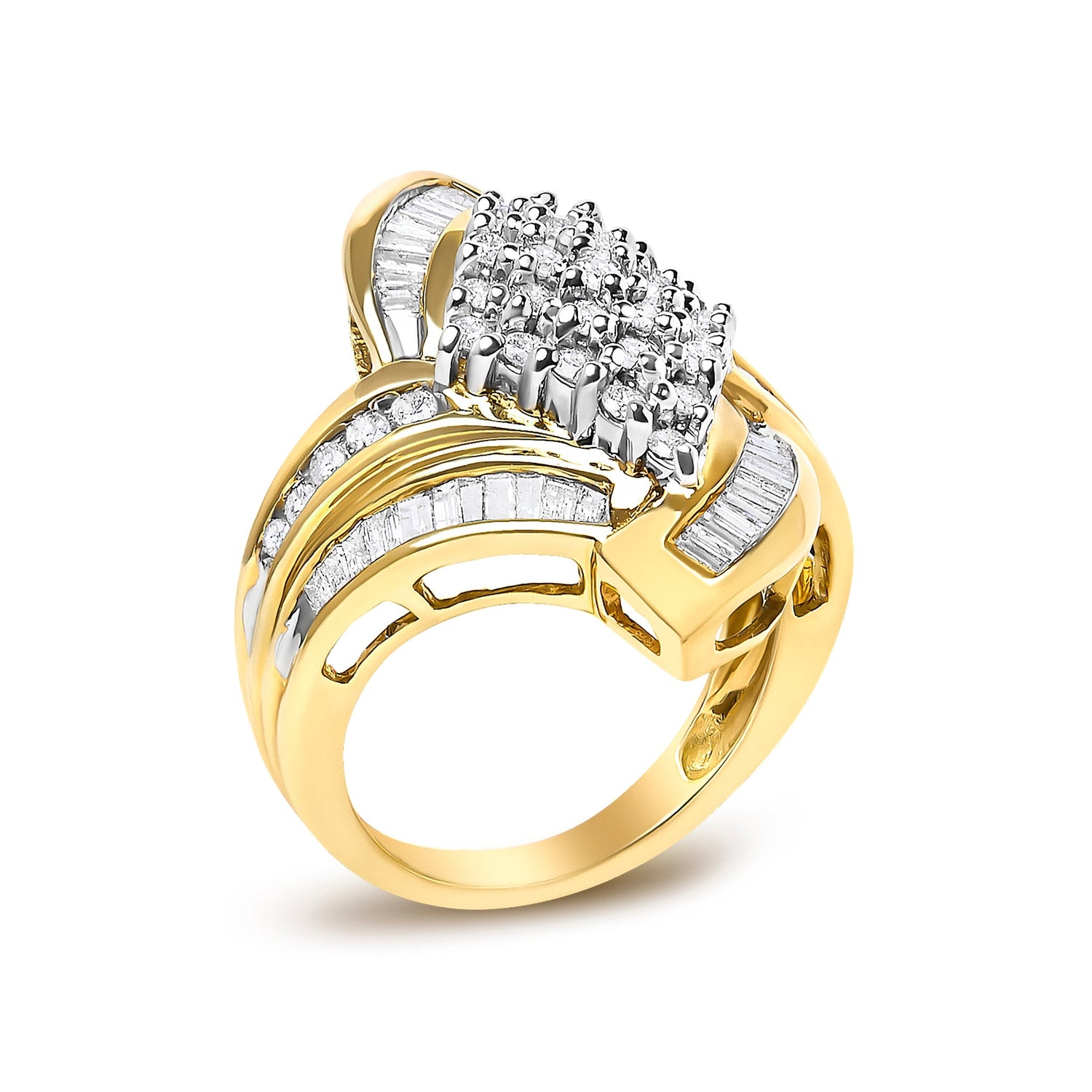 14K Yellow Gold 1-1/3 Cttw Round and Baguette Diamond Bypass Cocktail Ring  DestGlow