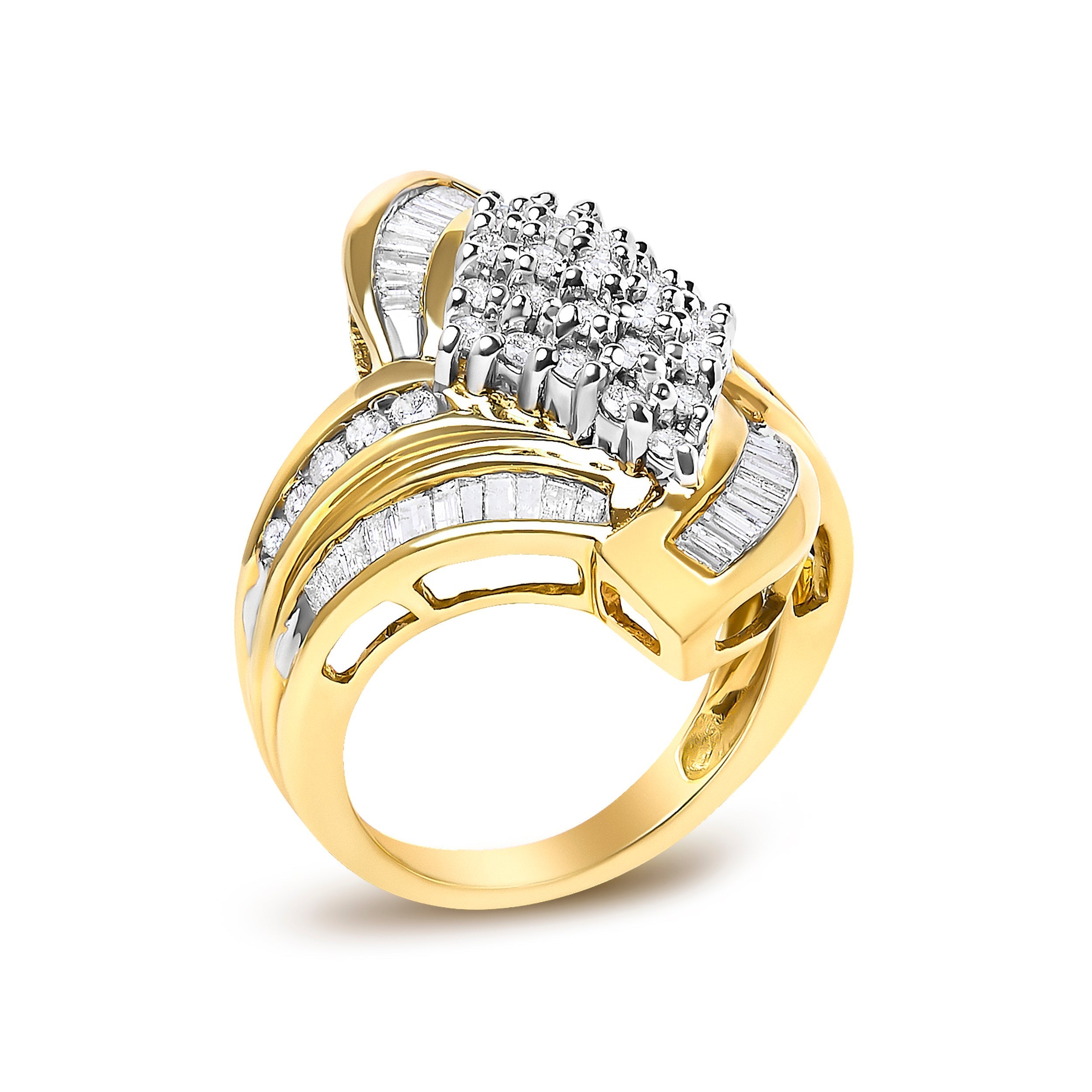 14K Yellow Gold 1-1/3 Cttw Round and Baguette Diamond Bypass Cocktail Ring  DestGlow