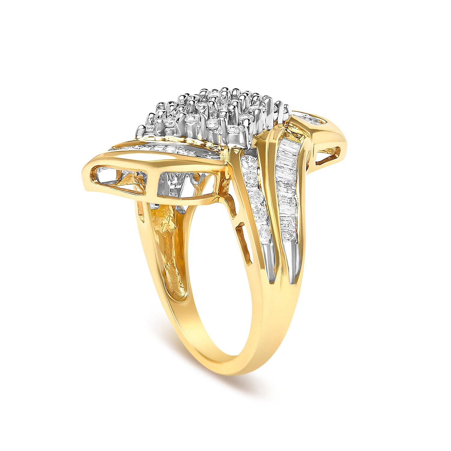 14K Yellow Gold 1-1/3 Cttw Round and Baguette Diamond Bypass Cocktail Ring  DestGlow