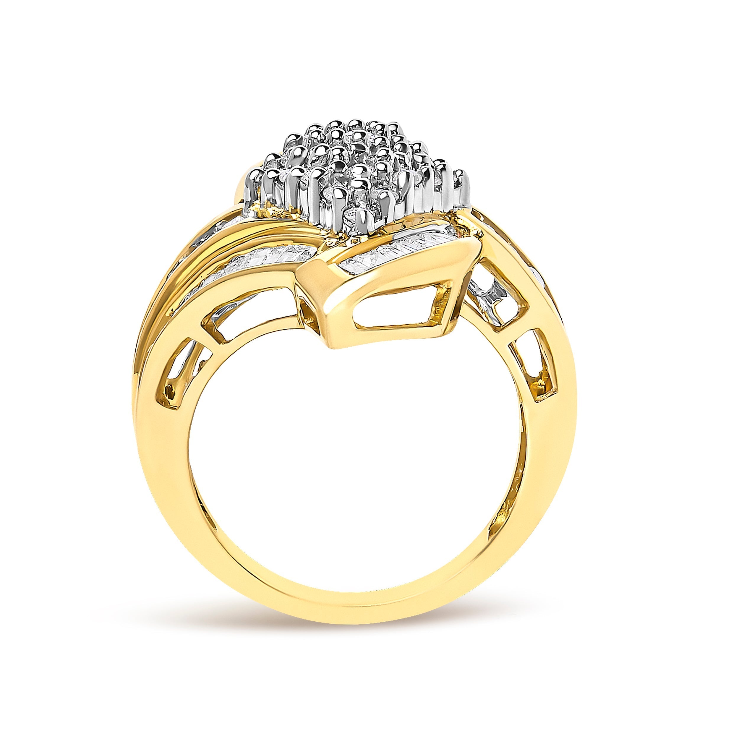 14K Yellow Gold 1-1/3 Cttw Round and Baguette Diamond Bypass Cocktail Ring  DestGlow