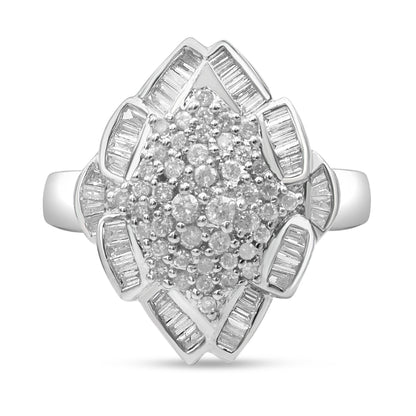 14K White Gold 7/8 Cttw Round and Baguette-Cut Diamond Cluster Ring (H-I Color, SI2-I1 Clarity) - Size 7 by Bids.com
