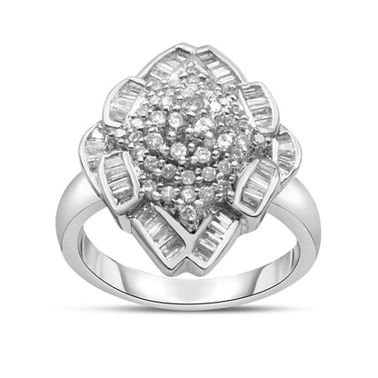 14K White Gold 7/8 Cttw Round and Baguette-Cut Diamond Cluster Ring (H-I Color, SI2-I1 Clarity) - Size 7 by Bids.com
