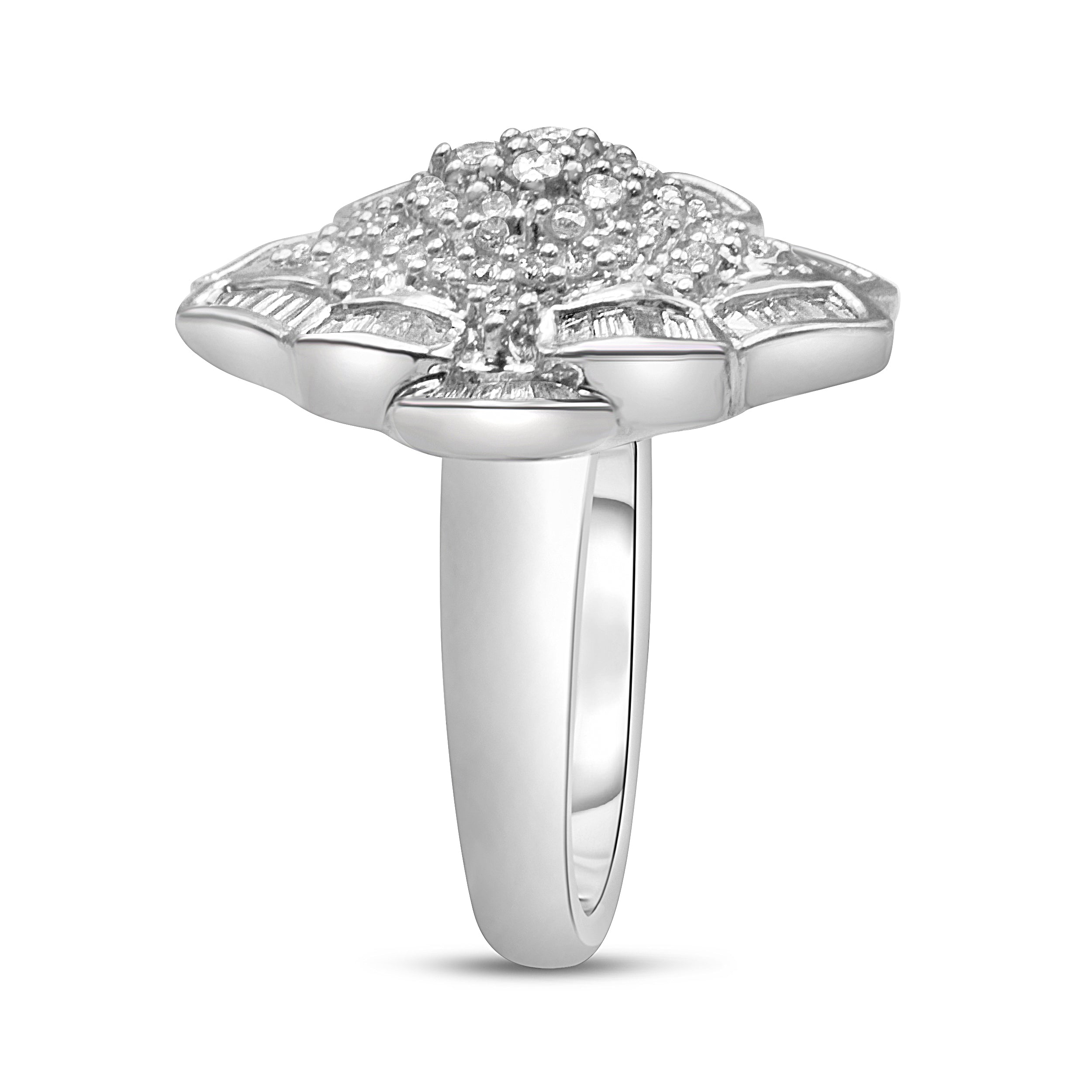 14K White Gold 7/8 Cttw Round and Baguette-Cut Diamond Cluster Ring (H-I Color, SI2-I1 Clarity) - Size 7 by Bids.com
