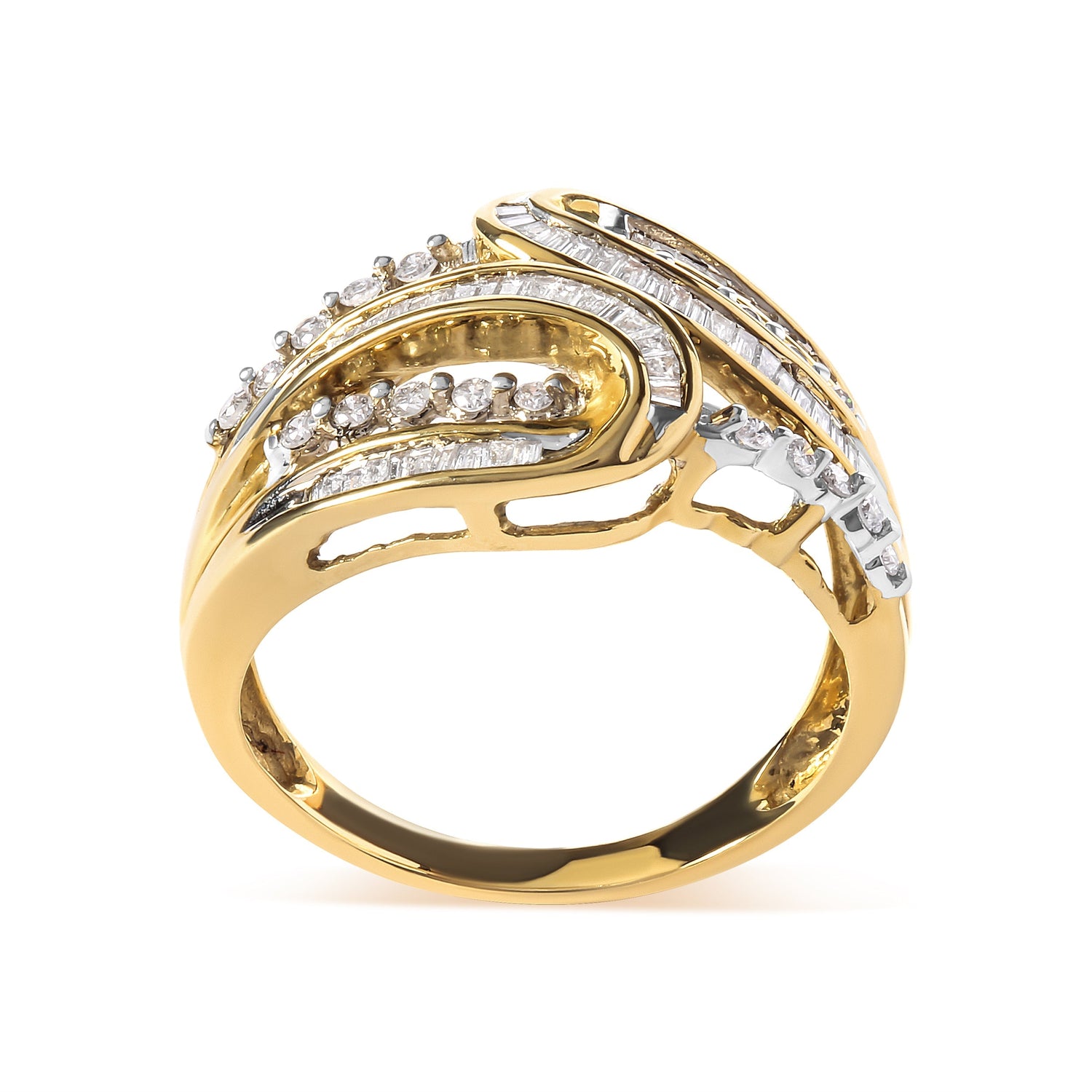 10K Yellow Gold 1/2 Cttw Round and Baguette cut Diamond Open Space Bypass Ring (H-I Color, SI2-I1 Clarity) - Ring Size 7  DestGlow