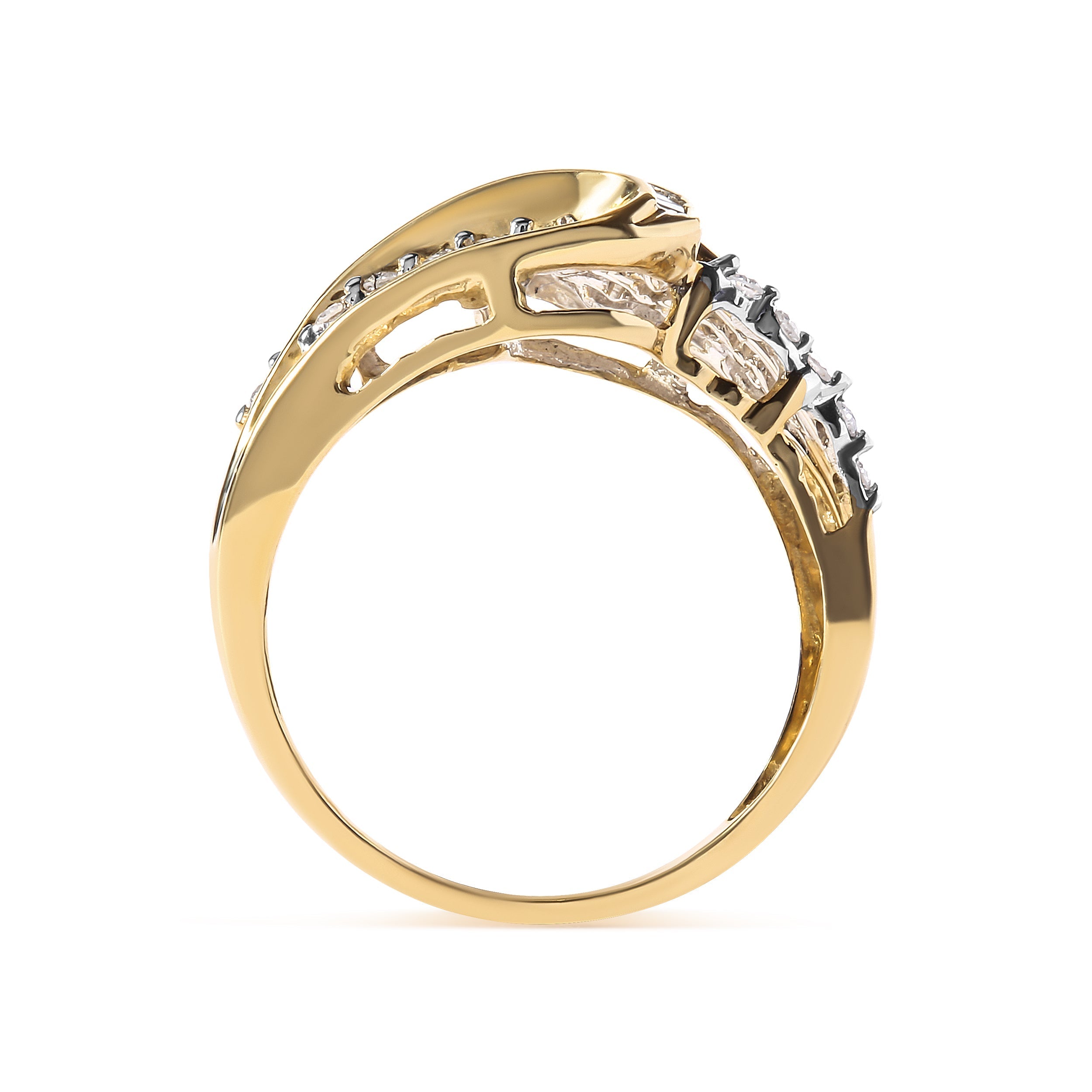 10K Yellow Gold 1/2 Cttw Round and Baguette cut Diamond Open Space Bypass Ring (H-I Color, SI2-I1 Clarity) - Ring Size 7  DestGlow