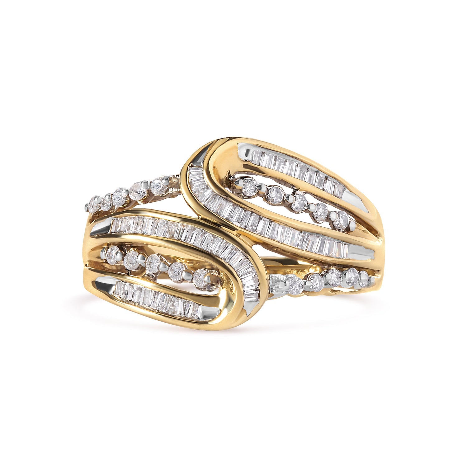 10K Yellow Gold 1/2 Cttw Round and Baguette cut Diamond Open Space Bypass Ring (H-I Color, SI2-I1 Clarity) - Ring Size 7  DestGlow