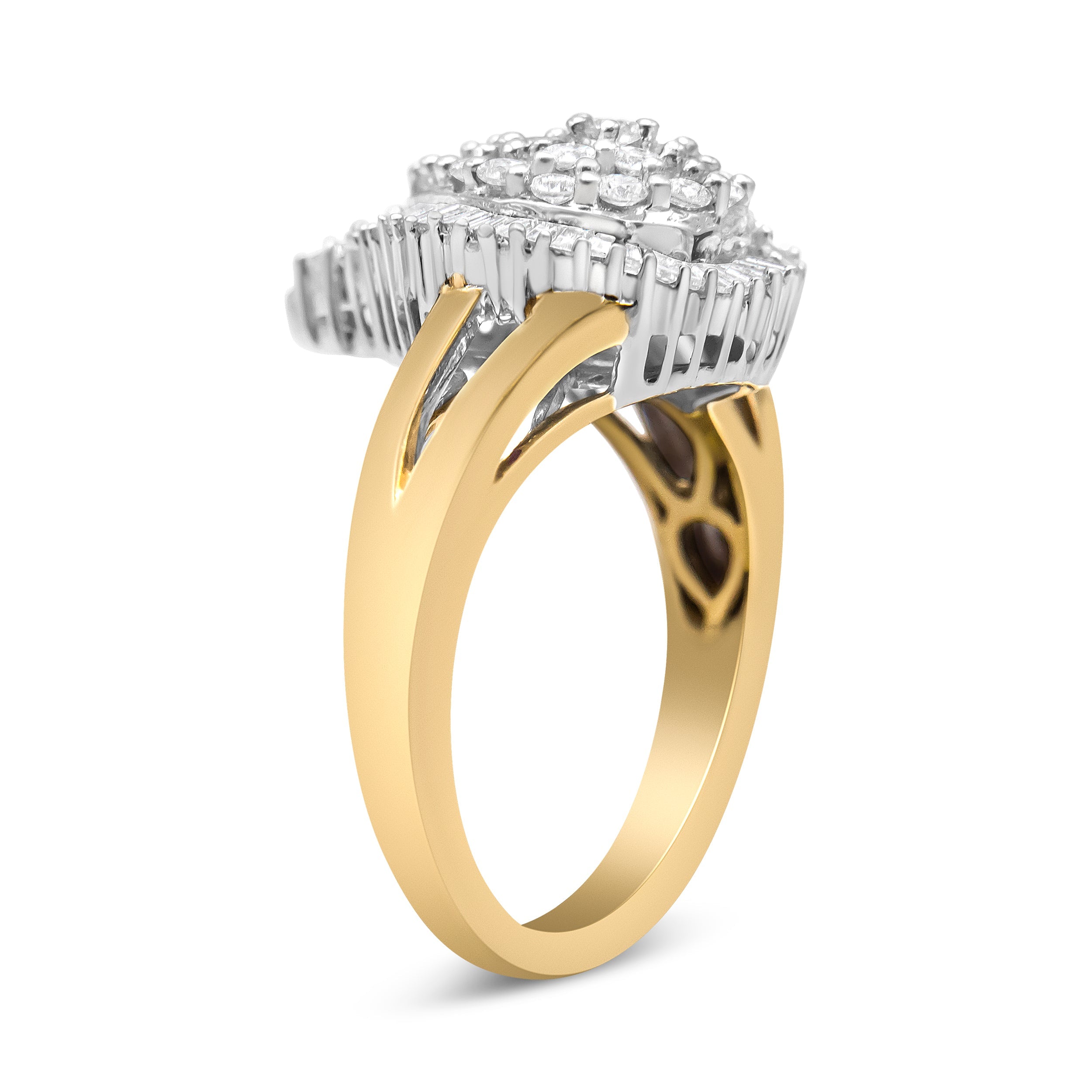14K Yellow and White Gold 1.00 Cttw Round and Baguette-Cut Diamond Ballerina Cocktail Ring (H-I Color, SI2-I1 Clarity) by Bids.com