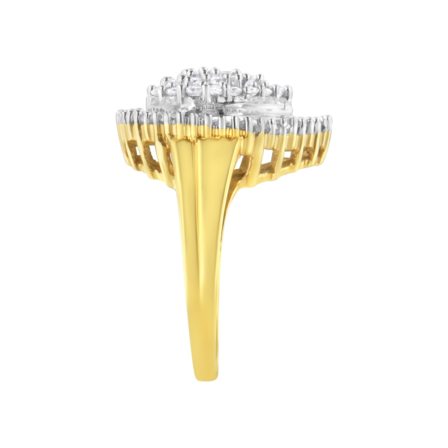 10K Yellow Gold 1.0 Cttw Round and Baguette Cut Diamond Oval Shaped Cluster Ring (I-J Color, I1-I2 Clarity) - Size 7 by Bids.com