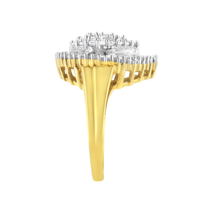 10K Yellow Gold 1.0 Cttw Round and Baguette Cut Diamond Oval Shaped Cluster Ring (I-J Color, I1-I2 Clarity) - Size 7 by Bids.com