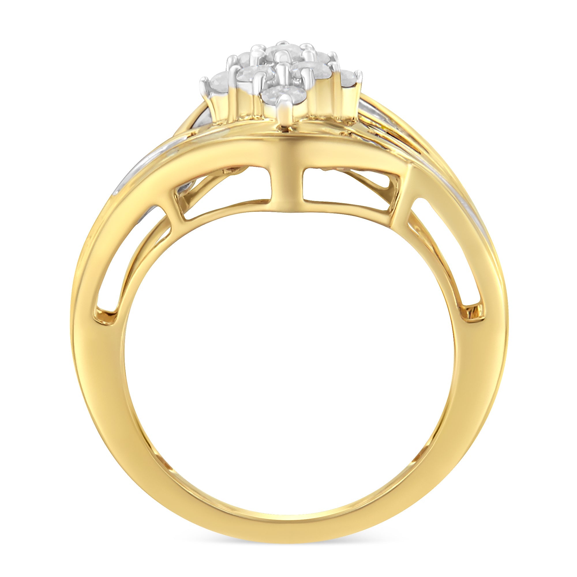 10K Yellow Gold over .925 Sterling Silver Diamond Bypass Cluster Ring (1 Cttw, I-J Color, I2-I3 Clarity) - Size 6 by Bids.com
