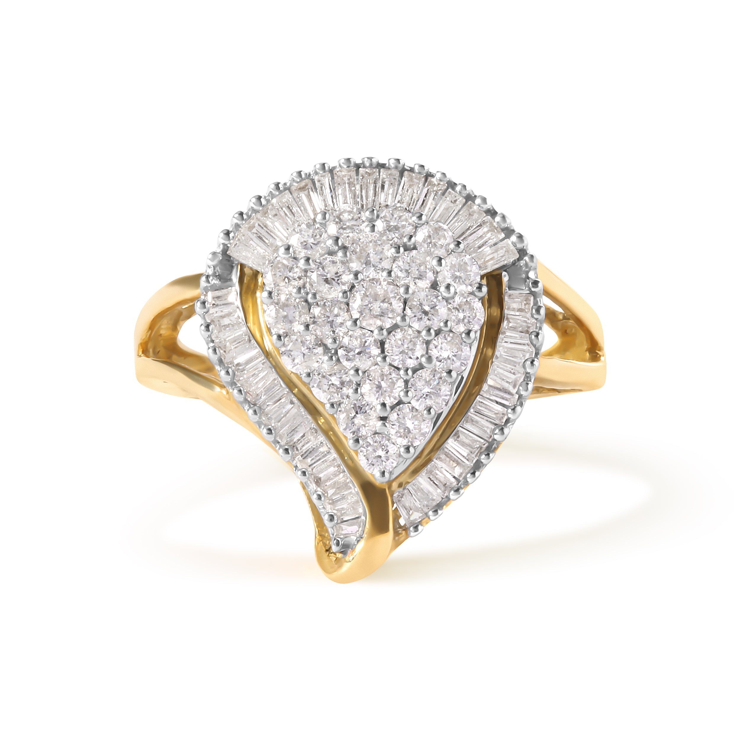 10K Yellow Gold 1 Cttw Round and Baguette Cut Diamond Ballerina Cluster Ring (H-I Color, SI2-I1 Clarity) by Bids.com