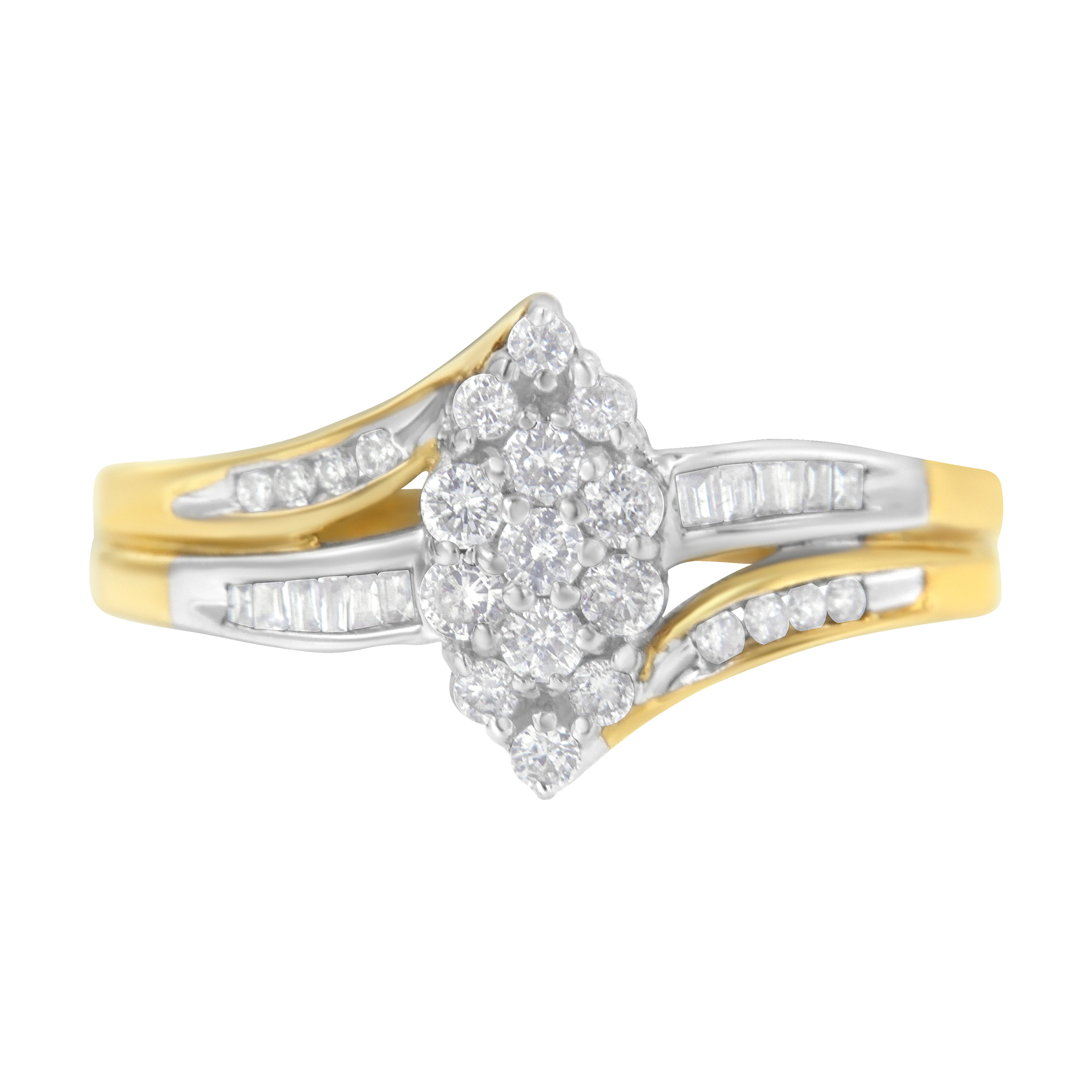 10K Yellow and White Gold 1/2 Cttw Diamond Marquise Shaped Cluster Split Shank Ring (H-I Color, SI2-I1 Clarity) - Size 7 by Bids.com