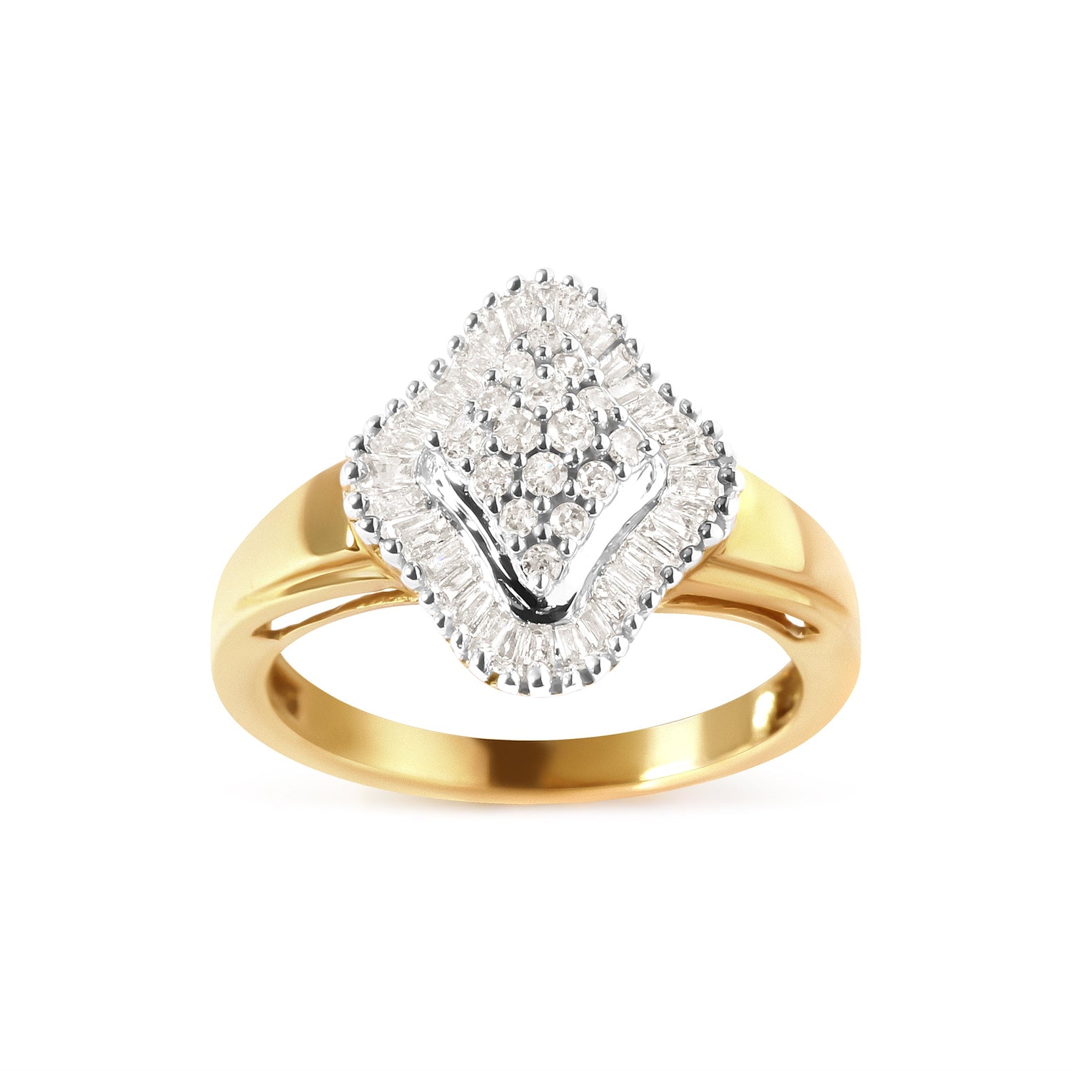 10K Yellow Gold 1/2 Cttw Round And Baguette-cut Diamond Rhombus Head and Halo Ring (I-J Color, I1-I2 Clarity) - Ring Size 7 by Bids.com